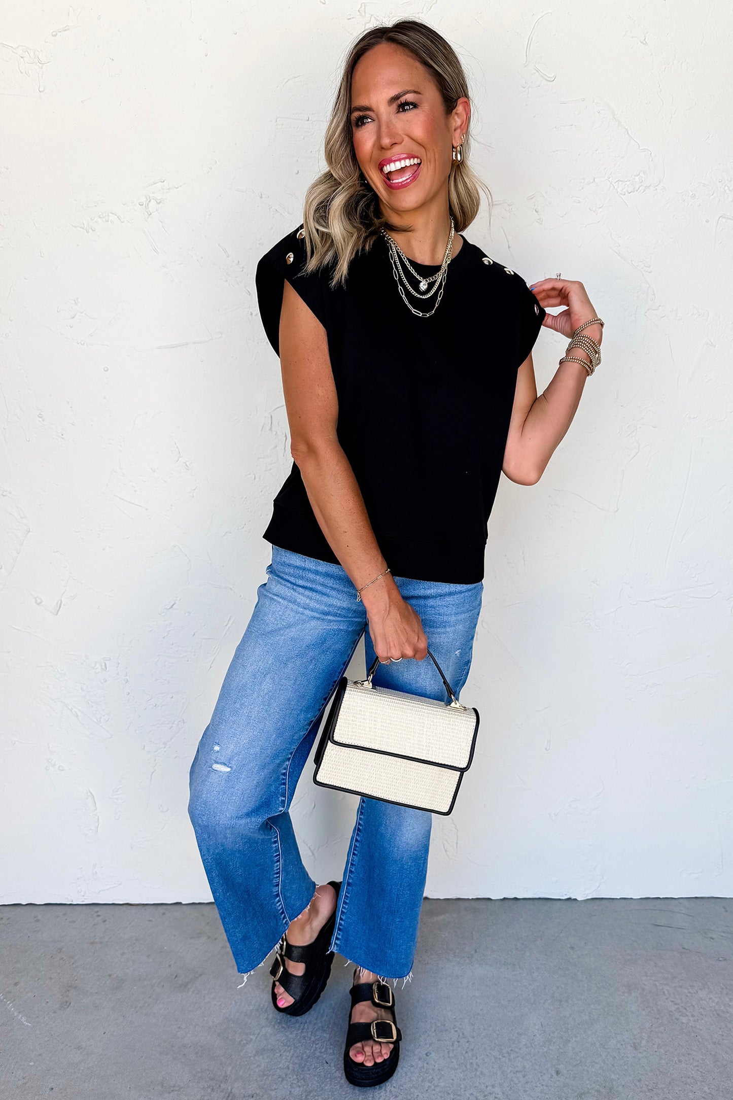 Black Casual Solid Short Sleeve Top With Metal Button Details Key Features-Tops/Tops & Tees-[Adult]-[Female]-2022 Online Blue Zone Planet
