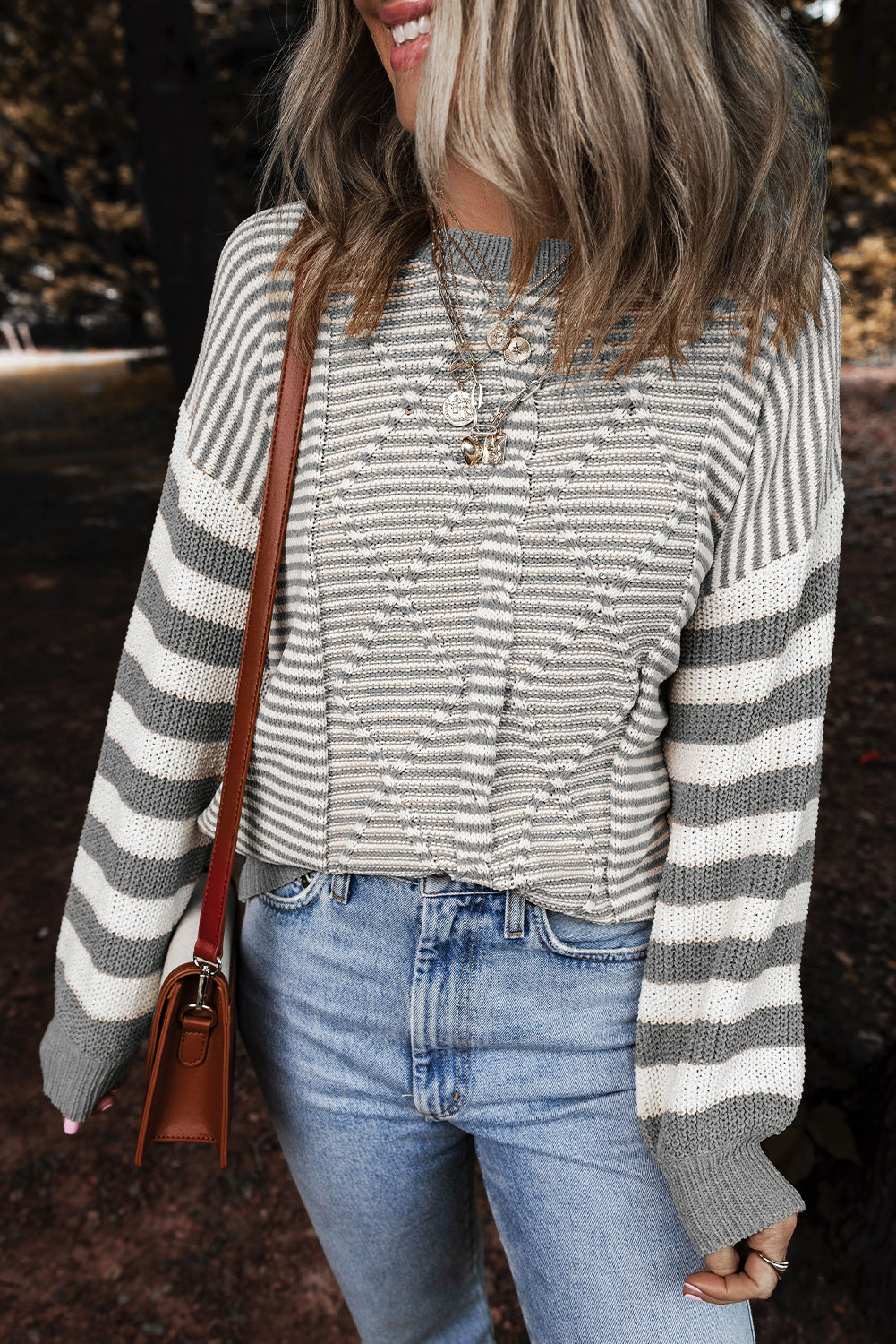 Brown Stripe Geometric Textured Drop Shoulder Sweater-TOPS / DRESSES-[Adult]-[Female]-Gray Stripe-S-2022 Online Blue Zone Planet