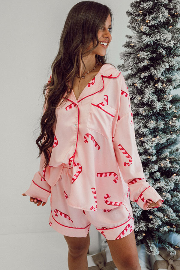 Pink Christmas Candy Cane Print Shirt and Shorts Pajama Set-Loungewear & Sleepwear/Sleepwear-[Adult]-[Female]-2022 Online Blue Zone Planet