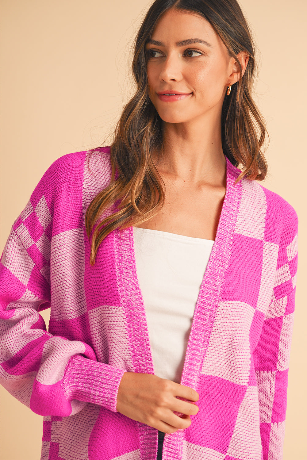 Blue Zone Planet | Rose Red Checkered Printed Ribbed Trim Open Front Cardigan-Cardigans-[Adult]-[Female]-2022 Online Blue Zone Planet