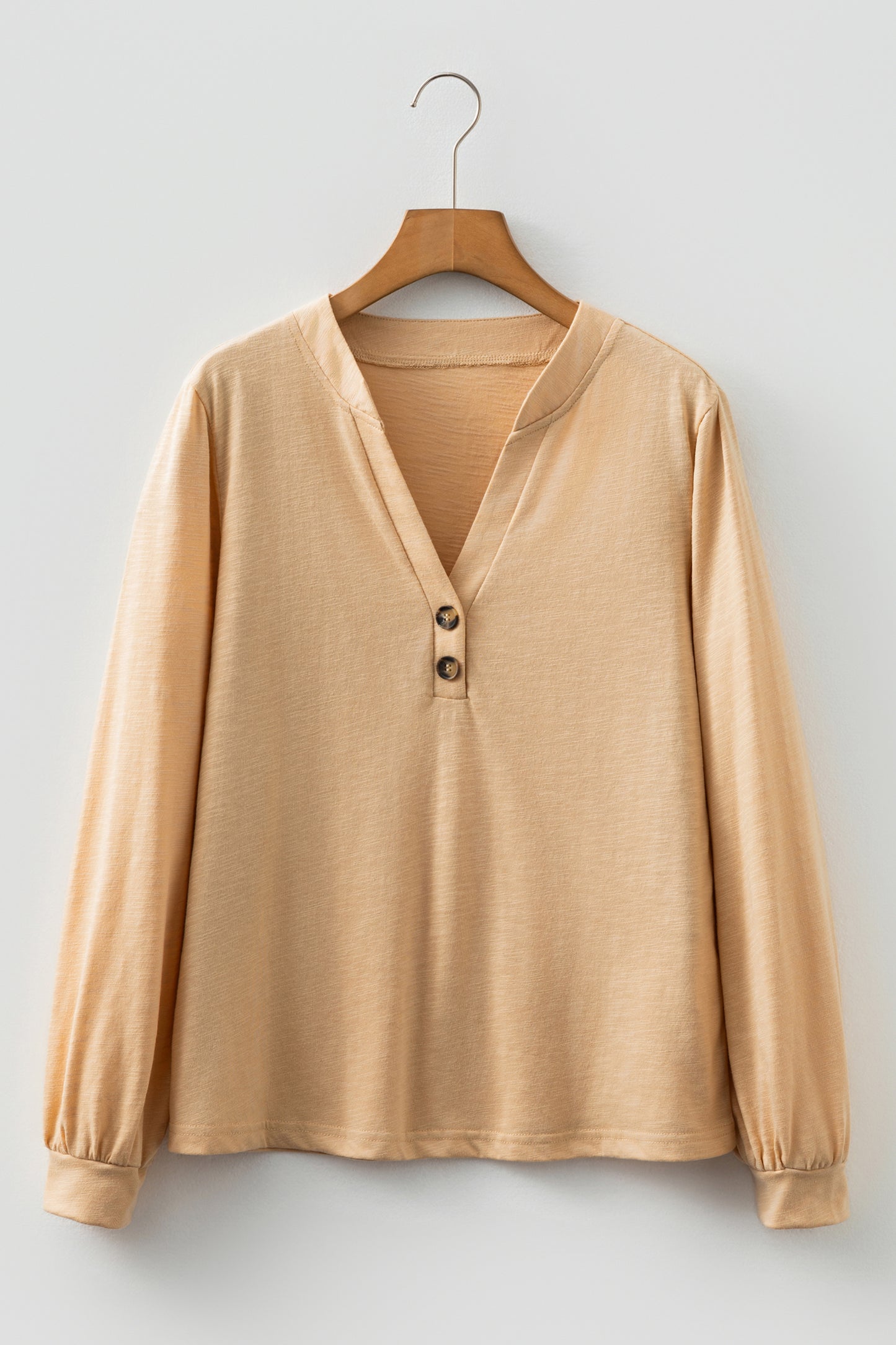 Light French Beige Solid Color Button V Neck Long Sleeve Top-Tops/Long Sleeve Tops-[Adult]-[Female]-2022 Online Blue Zone Planet
