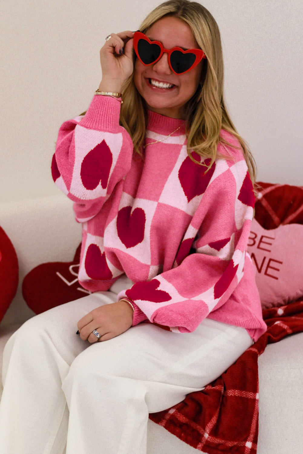 Pink Love Heart Checkered Valentine Crew Neck Sweater-TOPS / DRESSES-[Adult]-[Female]-2022 Online Blue Zone Planet