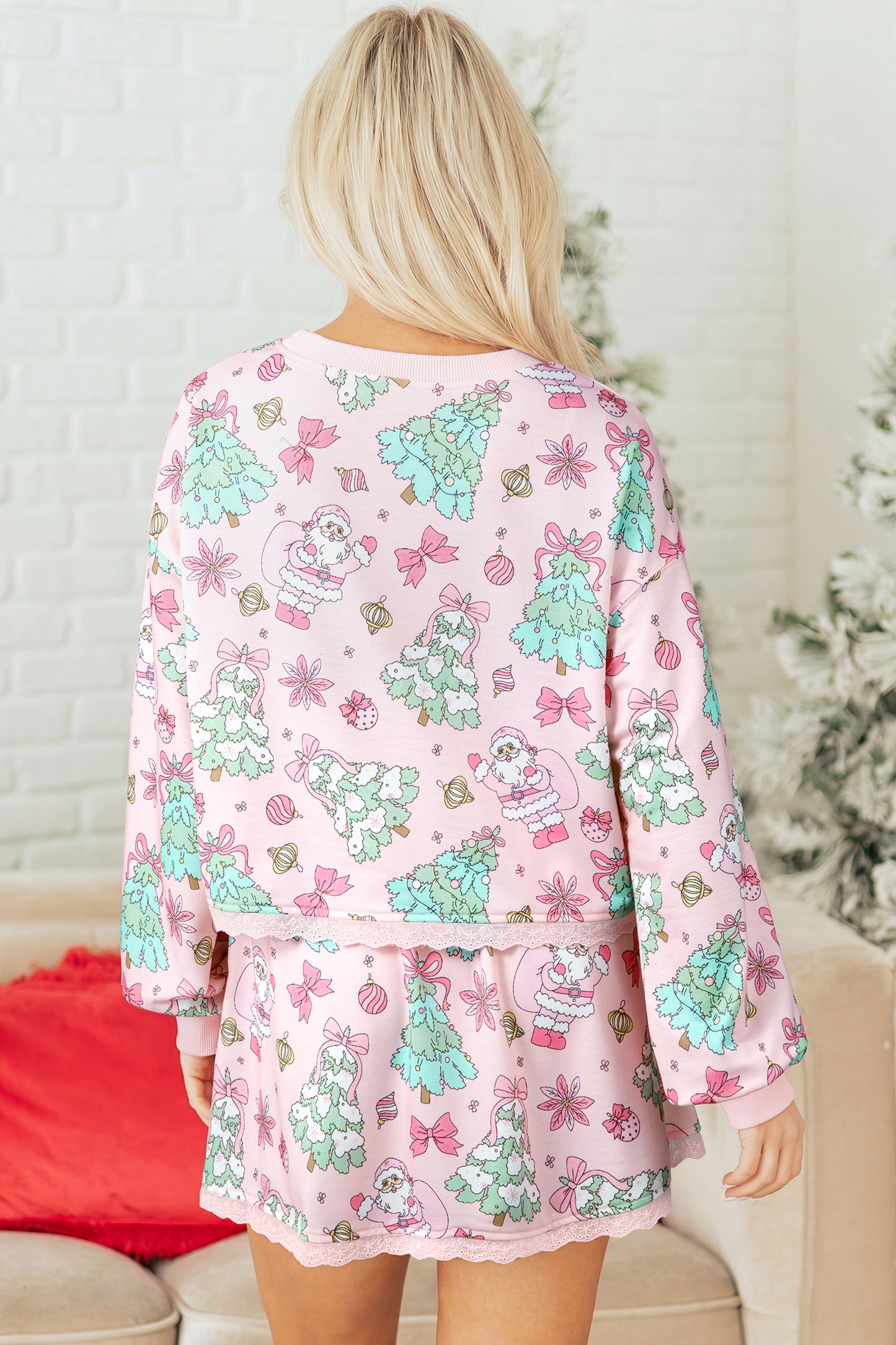Pink Floral Print Lace Trim Long Sleeve Skirt Set-Two Piece Sets/Two Piece Dresses-[Adult]-[Female]-2022 Online Blue Zone Planet