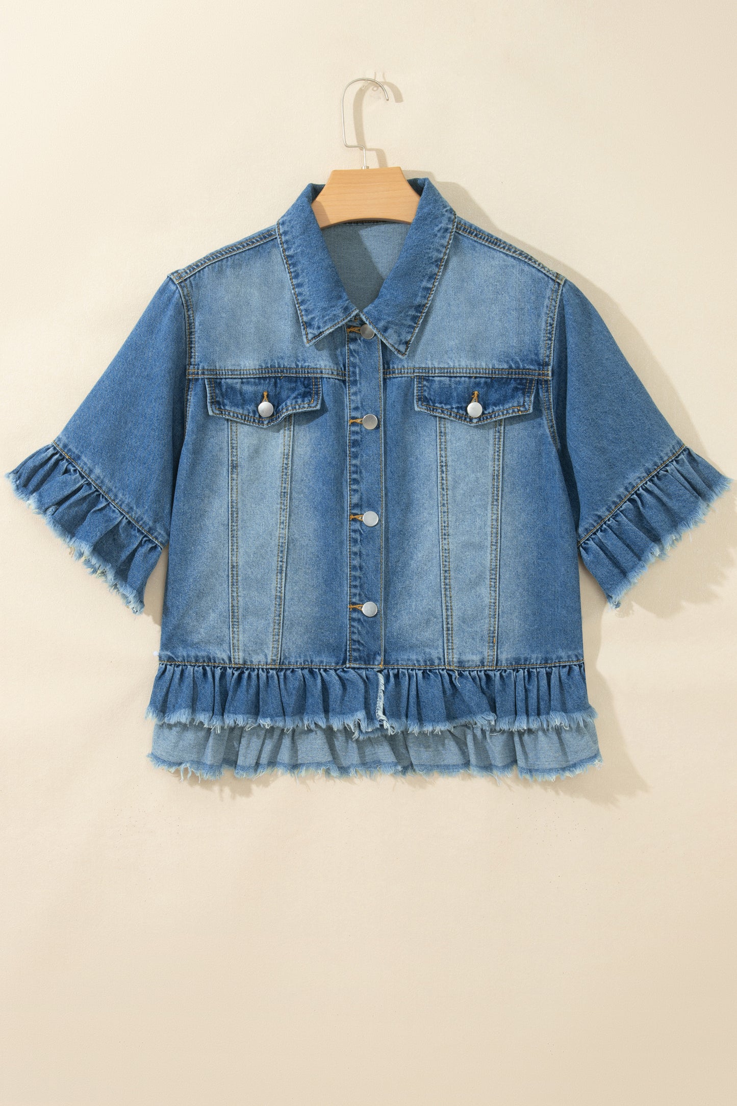 Blue Ruffle Hem Raw Edge Half Sleeve Western Denim Jacket-Outerwear/Denim jackets-[Adult]-[Female]-2022 Online Blue Zone Planet