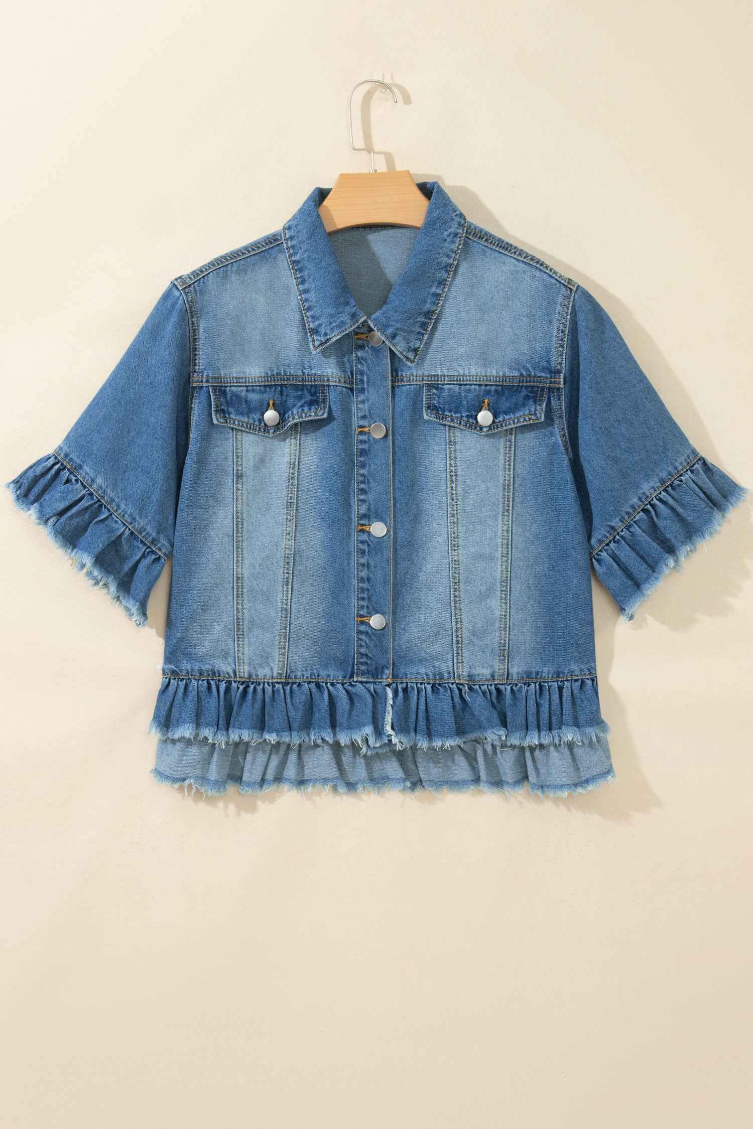 Blue Ruffle Hem Raw Edge Half Sleeve Western Denim Jacket-Outerwear/Denim jackets-[Adult]-[Female]-2022 Online Blue Zone Planet