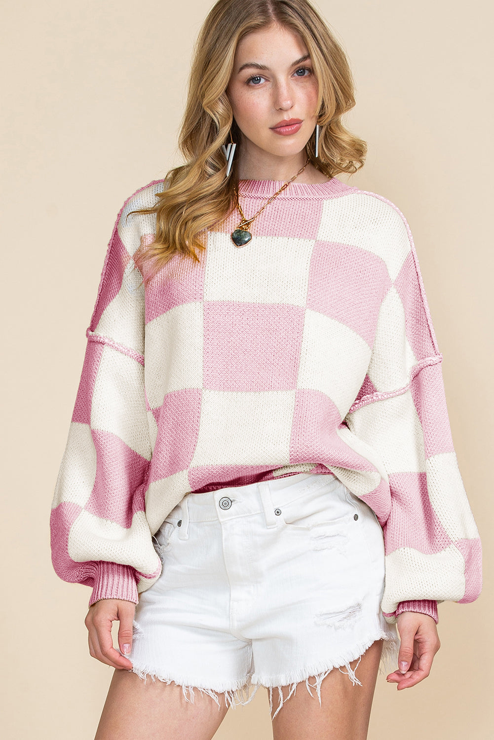 Blue Zone Planet | Pink Checked Bishop Sleeve Pullover Sweater-Sweaters-[Adult]-[Female]-2022 Online Blue Zone Planet