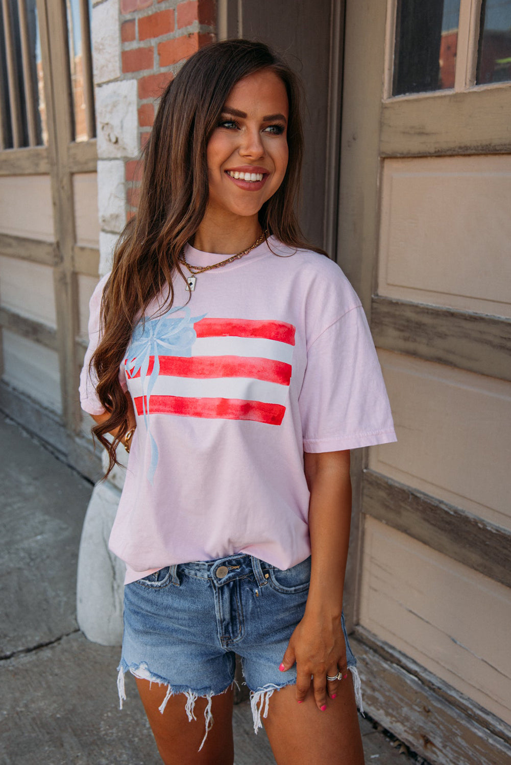 Light Pink Flag Bow Graphic Crewneck Tee-Tops/Tops & Tees-[Adult]-[Female]-2022 Online Blue Zone Planet