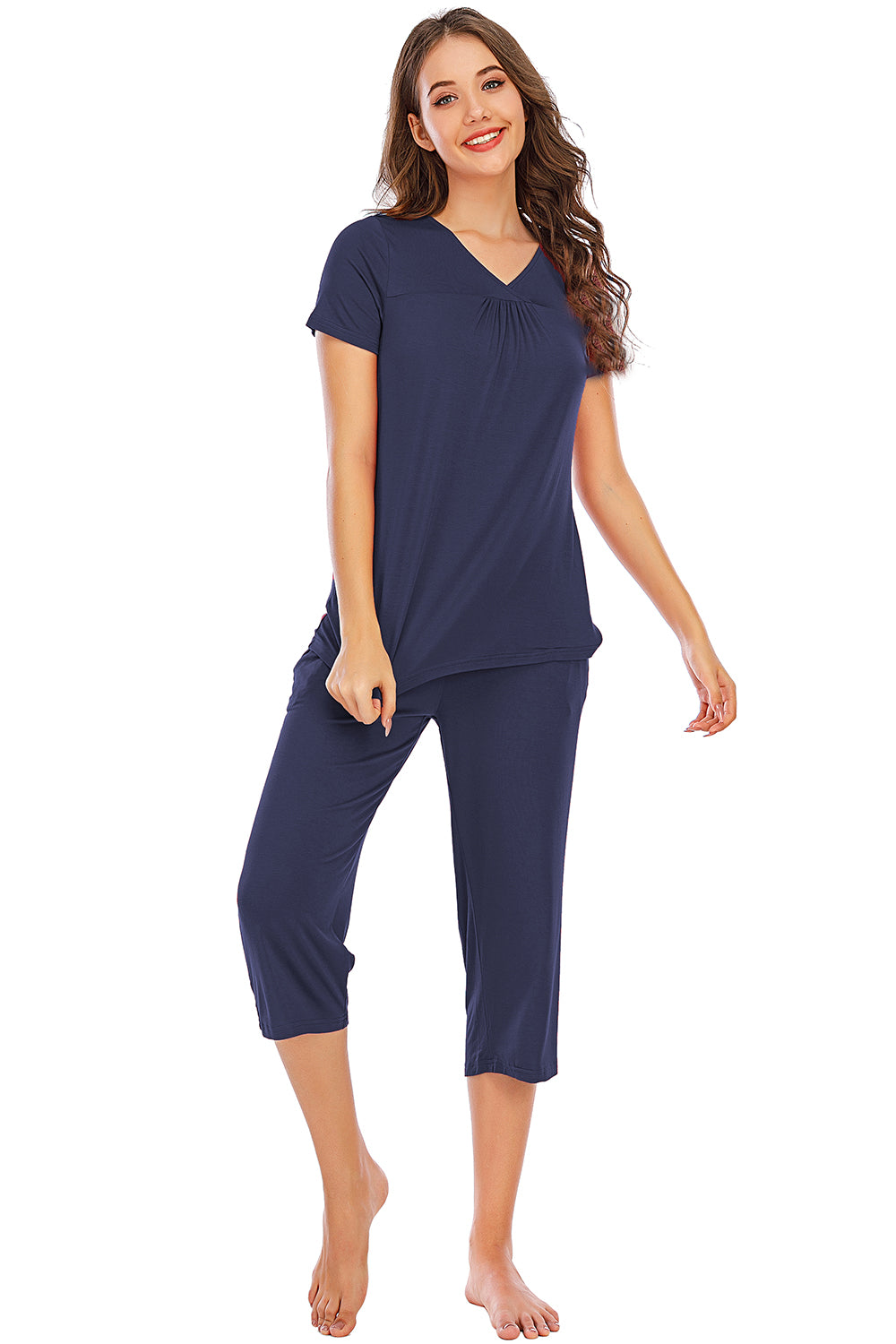 V-Neck Short Sleeve Top and Pants Lounge Set-TOPS / DRESSES-[Adult]-[Female]-2022 Online Blue Zone Planet