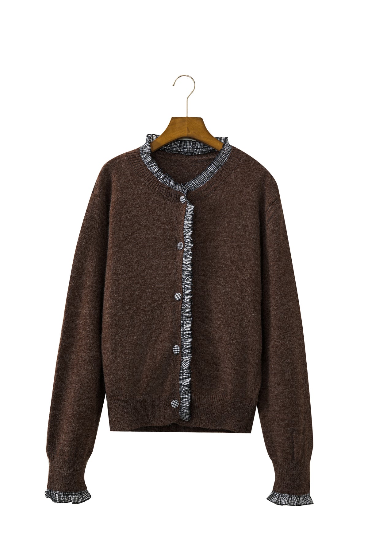 Chicory Coffee Plaid Ruffle Trim Patchwork Button Sweater Cardigan-Sweaters & Cardigans/Cardigans-[Adult]-[Female]-2022 Online Blue Zone Planet