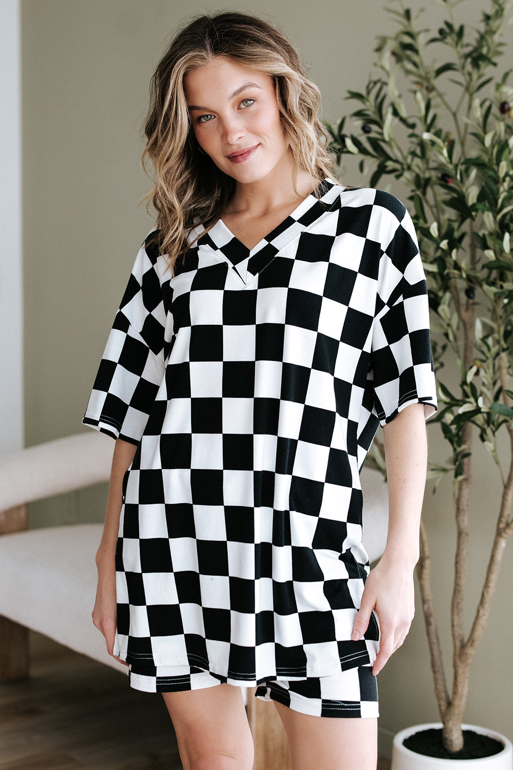Blue Zone Planet | Black Checkerboard Print V Neck Loose Tee and Shorts Lounge Set-Loungewear & Sleepwear/Loungewear-[Adult]-[Female]-2022 Online Blue Zone Planet