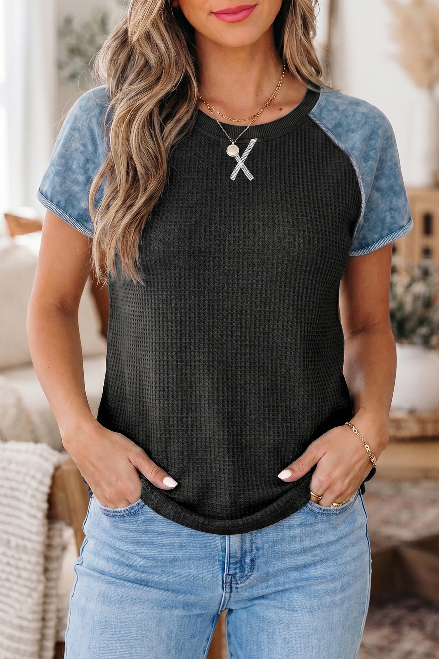 Carbon Grey Waffle Knit Seam Detail Color Block Patchwork Short Sleeve Top-Tops/Tops & Tees-[Adult]-[Female]-2022 Online Blue Zone Planet