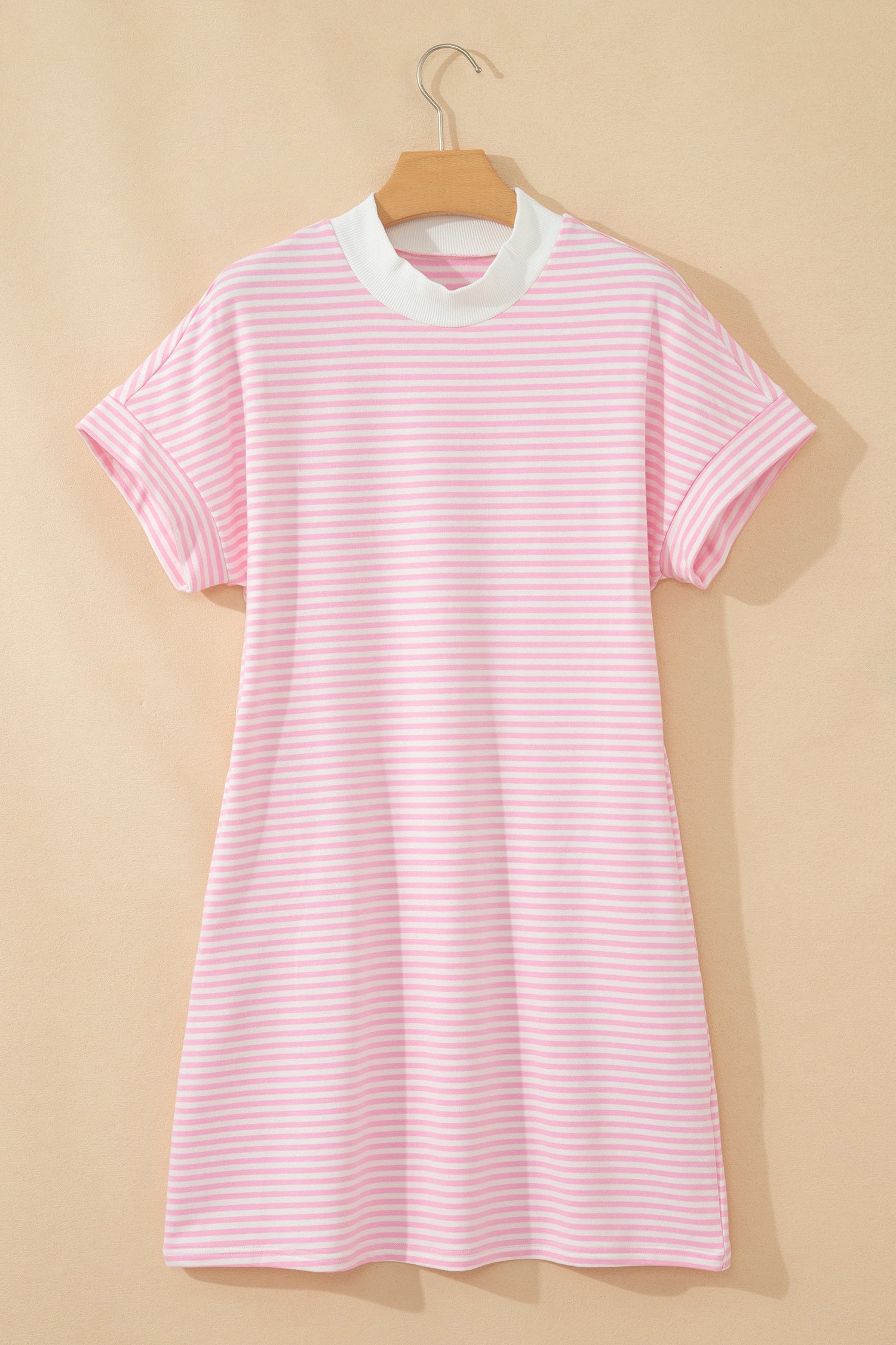 Pink Stripe Cuffed Short Sleeve Contrast Mock Neck Tee Dress-TOPS / DRESSES-[Adult]-[Female]-2022 Online Blue Zone Planet