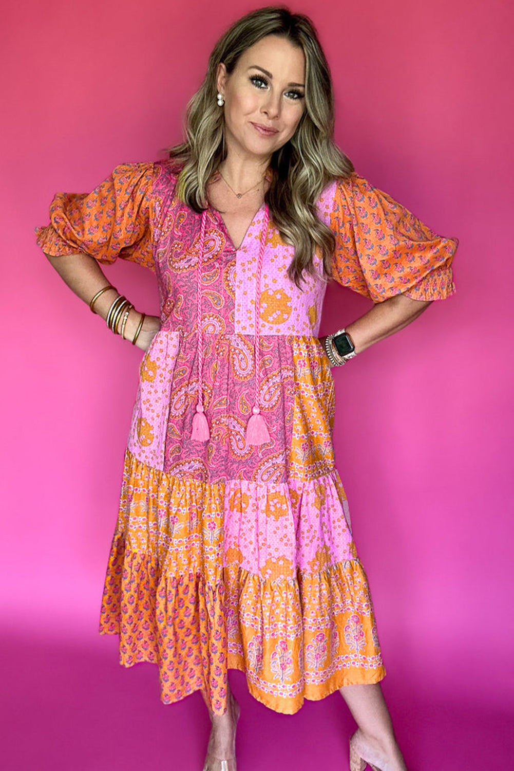 Pink Boho Paisley Floral Patchwork Tassel Tie Plus Size Midi Dress-Plus Size Dresses-[Adult]-[Female]-2022 Online Blue Zone Planet