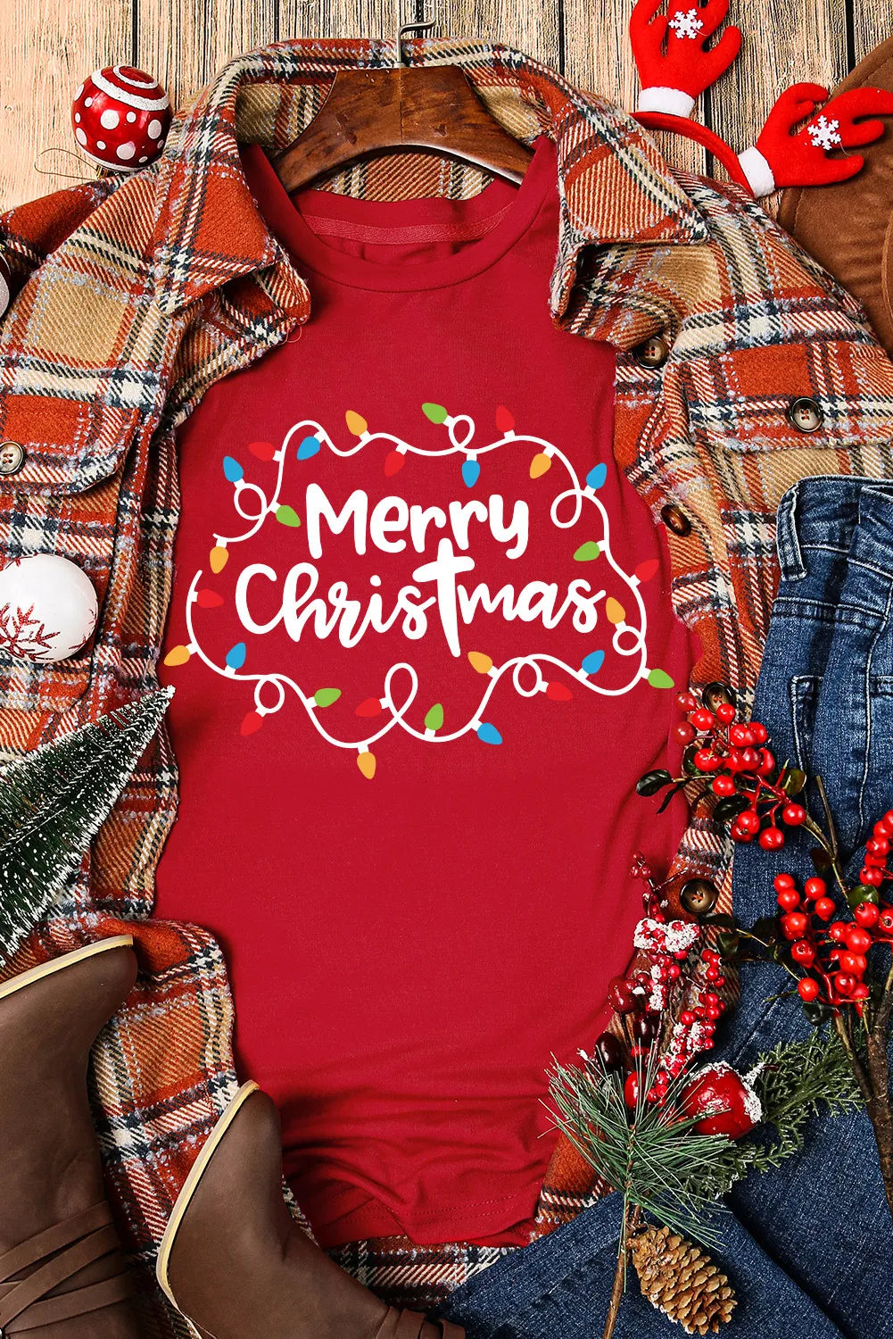 MERRY CHRISTMAS Round Neck Short Sleeve T-Shirt-TOPS / DRESSES-[Adult]-[Female]-2022 Online Blue Zone Planet