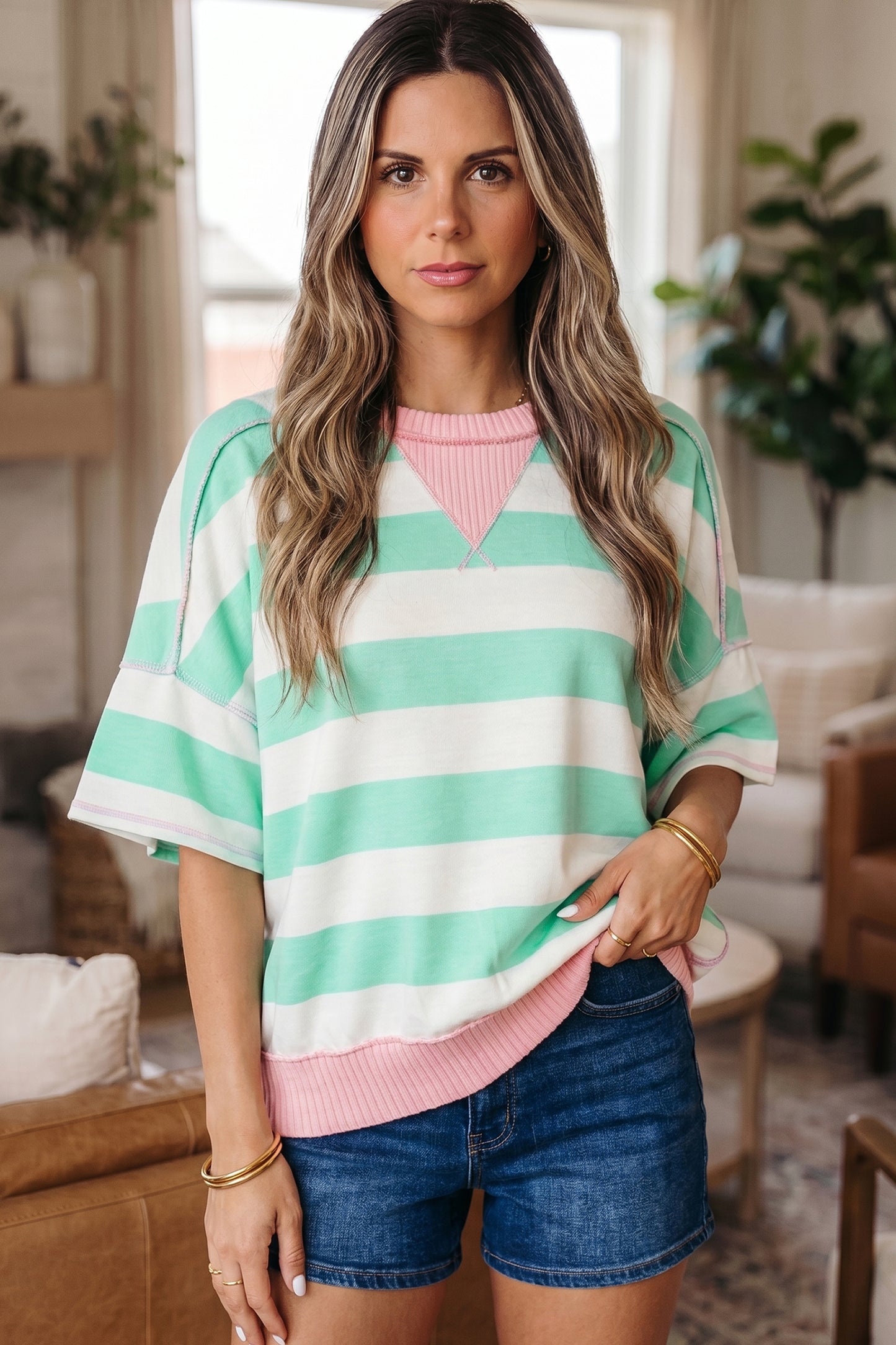 Pink Stripe Exposed Seam Ribbed Patchwork Oversized Tee-Tops/Tops & Tees-[Adult]-[Female]-2022 Online Blue Zone Planet