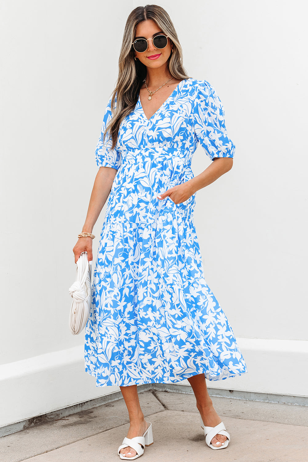 Sky Blue Floral V Neck Puff Short Sleeve Flowy Long Dress-TOPS / DRESSES-[Adult]-[Female]-2022 Online Blue Zone Planet