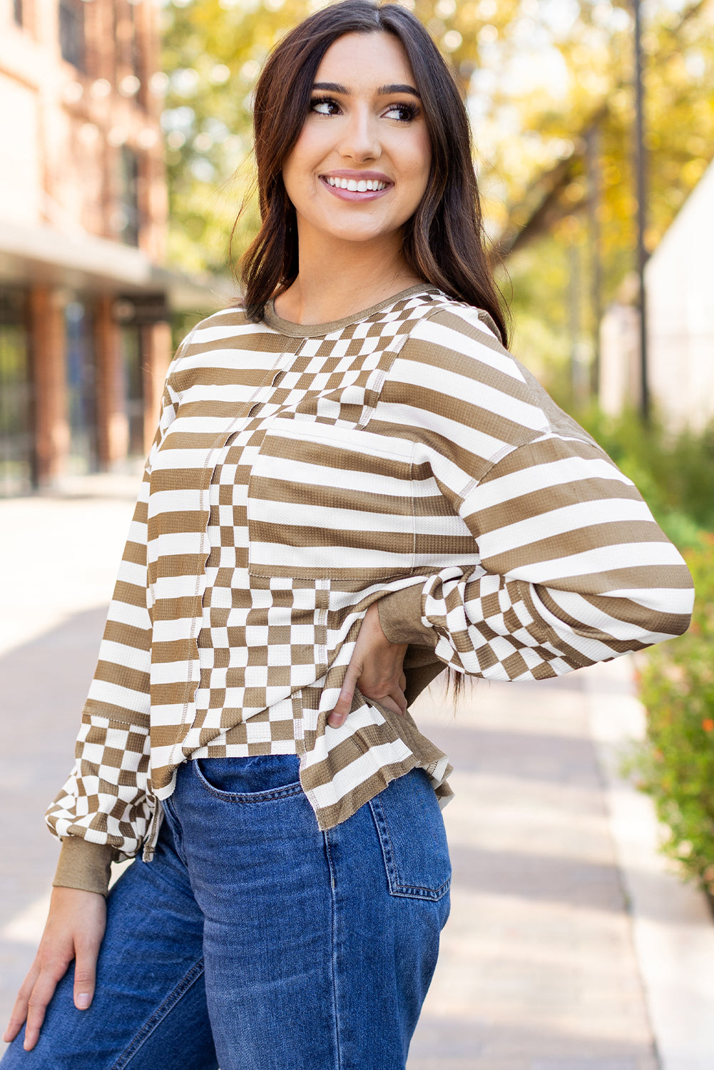 Dark Grey Checkerboard Striped Patchwork Lantern Sleeve Pocketed Blouse-Tops/Long Sleeve Tops-[Adult]-[Female]-2022 Online Blue Zone Planet