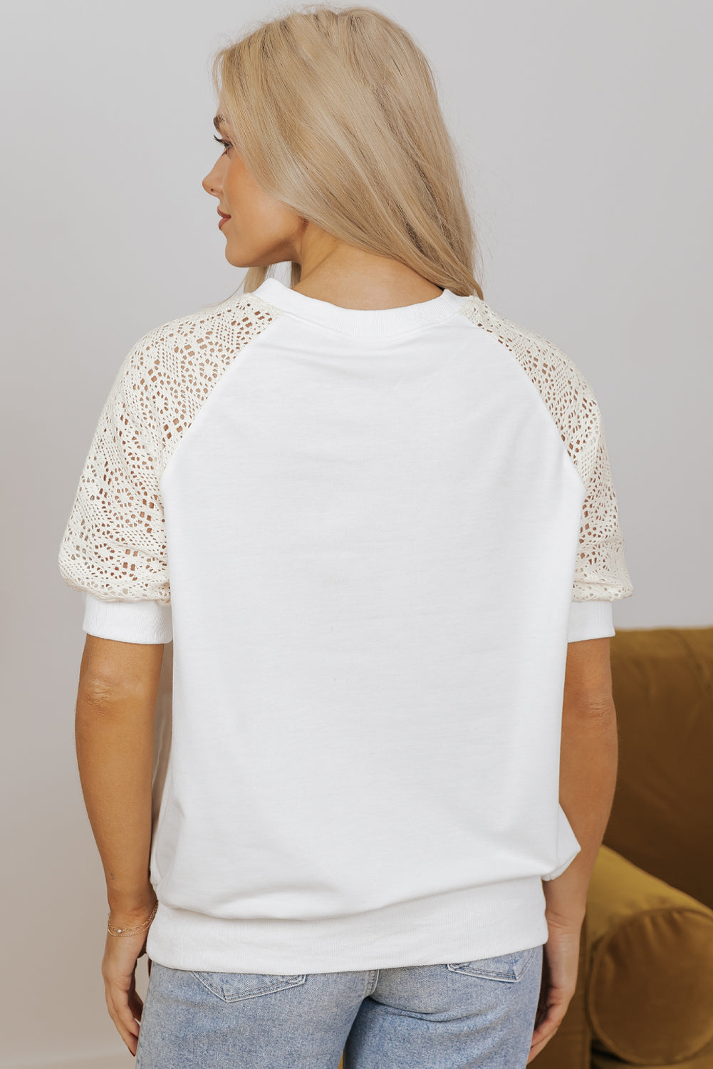 White Lace Crochet Short Sleeve Round Neck T Shirt-Tops/Tops & Tees-[Adult]-[Female]-2022 Online Blue Zone Planet