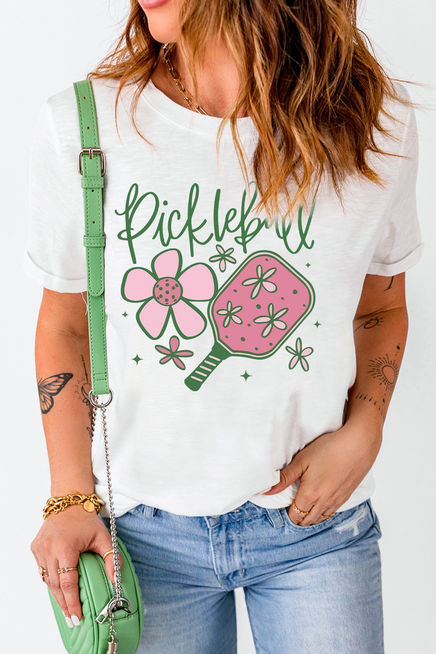White Pickleball Sweet Flower Printed T Shirt-Graphic/Graphic Tees-[Adult]-[Female]-2022 Online Blue Zone Planet