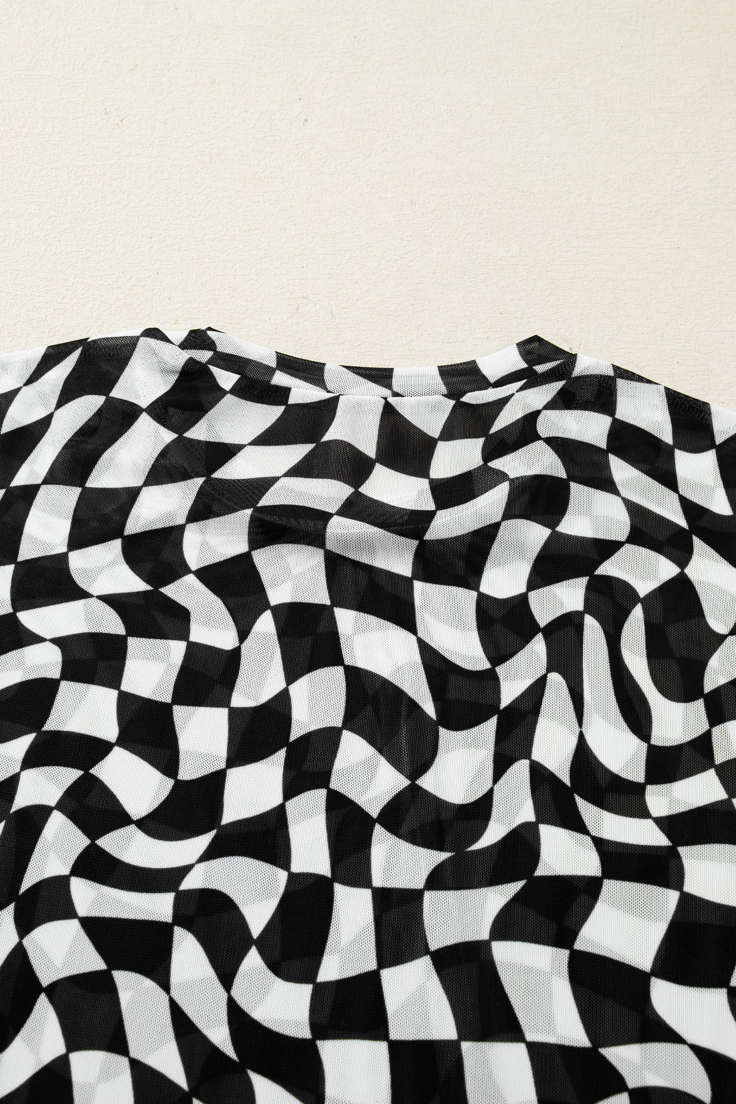 Black Checkered Print Mock Neck Mesh T Shirt-Tops/Tops & Tees-[Adult]-[Female]-2022 Online Blue Zone Planet