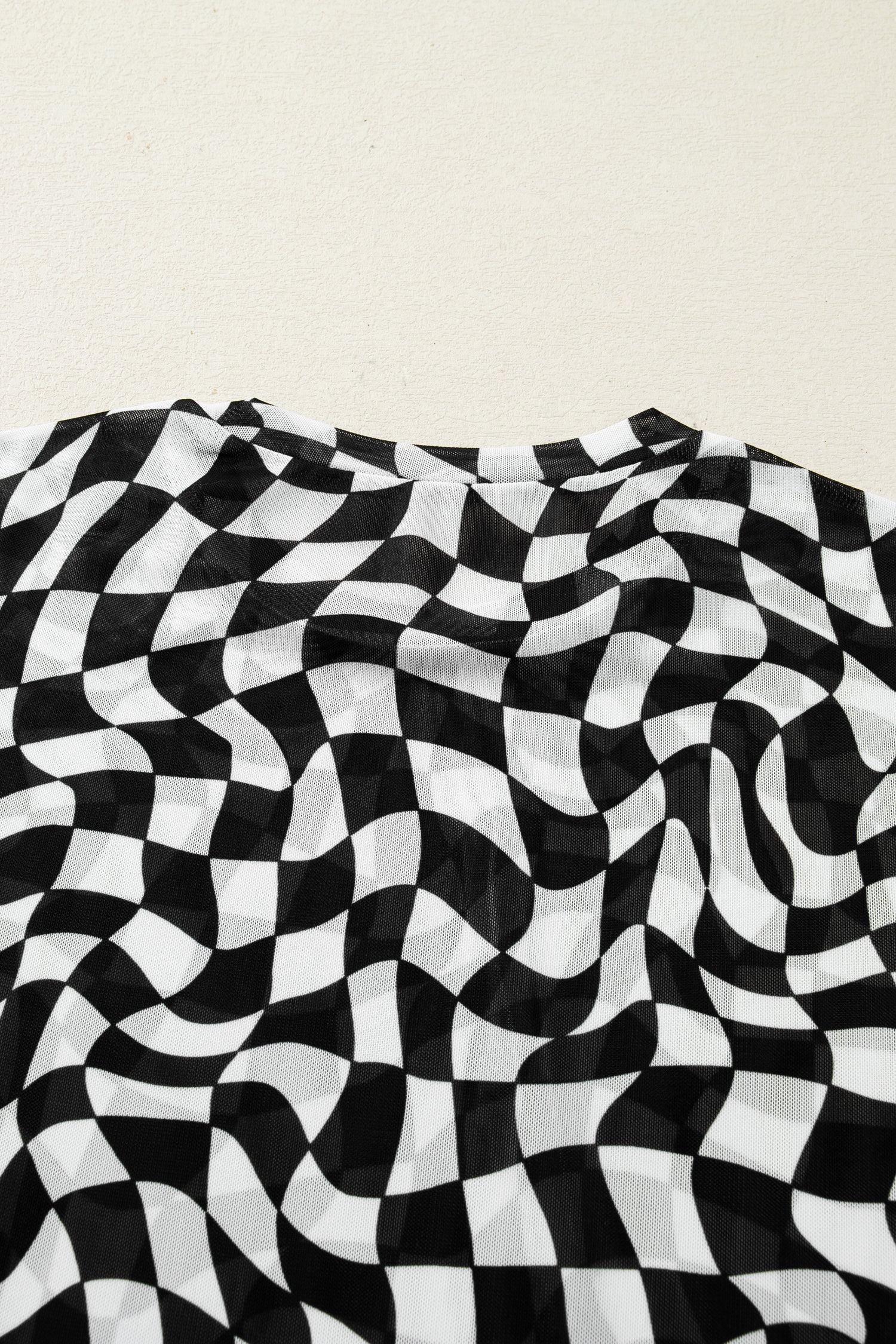 Black Checkered Print Mock Neck Mesh T Shirt-Tops/Tops & Tees-[Adult]-[Female]-2022 Online Blue Zone Planet