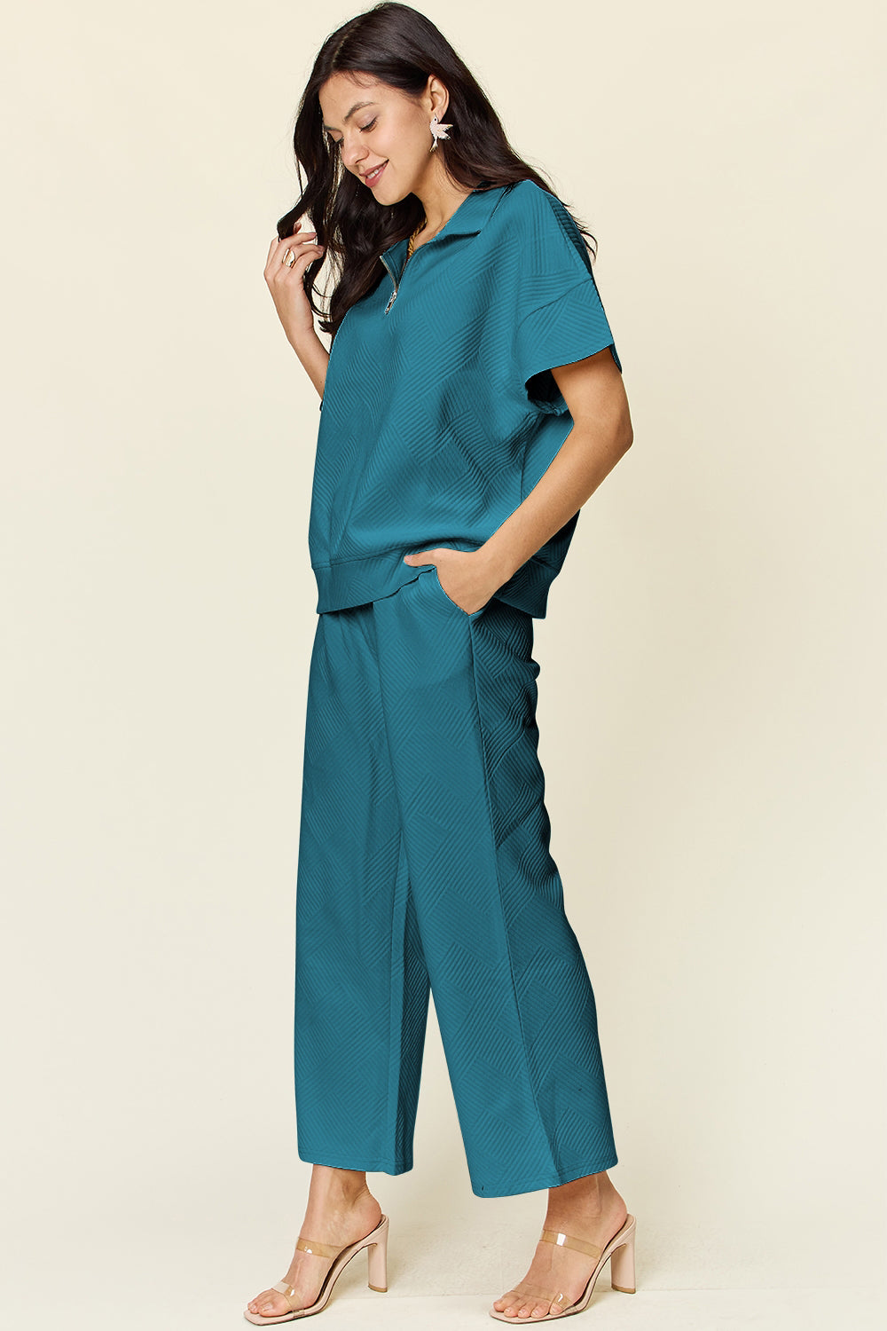 Double Take Full Size Texture Half Zip Short Sleeve Top and Pants Set-TOPS / DRESSES-[Adult]-[Female]-2022 Online Blue Zone Planet