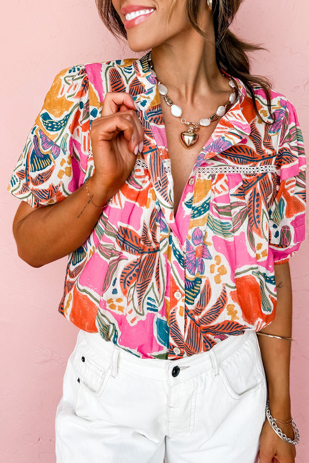 Rose Tropical Vacation Vibe Printed Button Up Short Sleeve Shirt-Tops/Blouses & Shirts-[Adult]-[Female]-2022 Online Blue Zone Planet