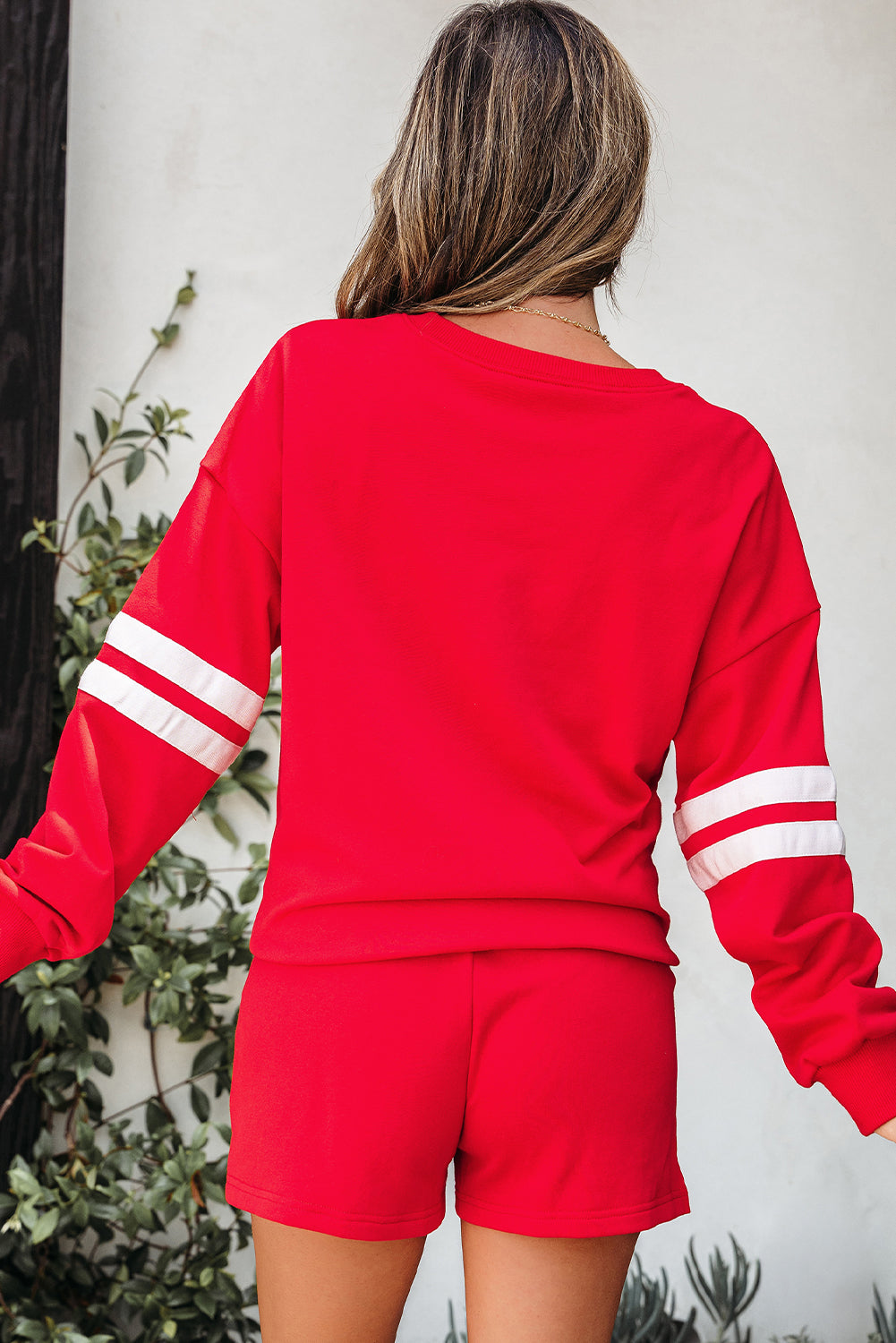 Fiery Red Varsity Striped Sleeve Drop Shoulder Sweatshirt and Short Set-Two Piece Sets/Short Sets-[Adult]-[Female]-2022 Online Blue Zone Planet
