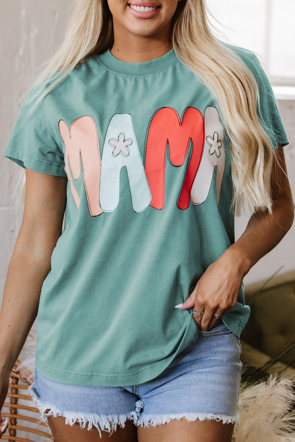 Sea Green Mama Printed Mineral Wash Crewneck T Shirt-Tops/Tops & Tees-[Adult]-[Female]-2022 Online Blue Zone Planet