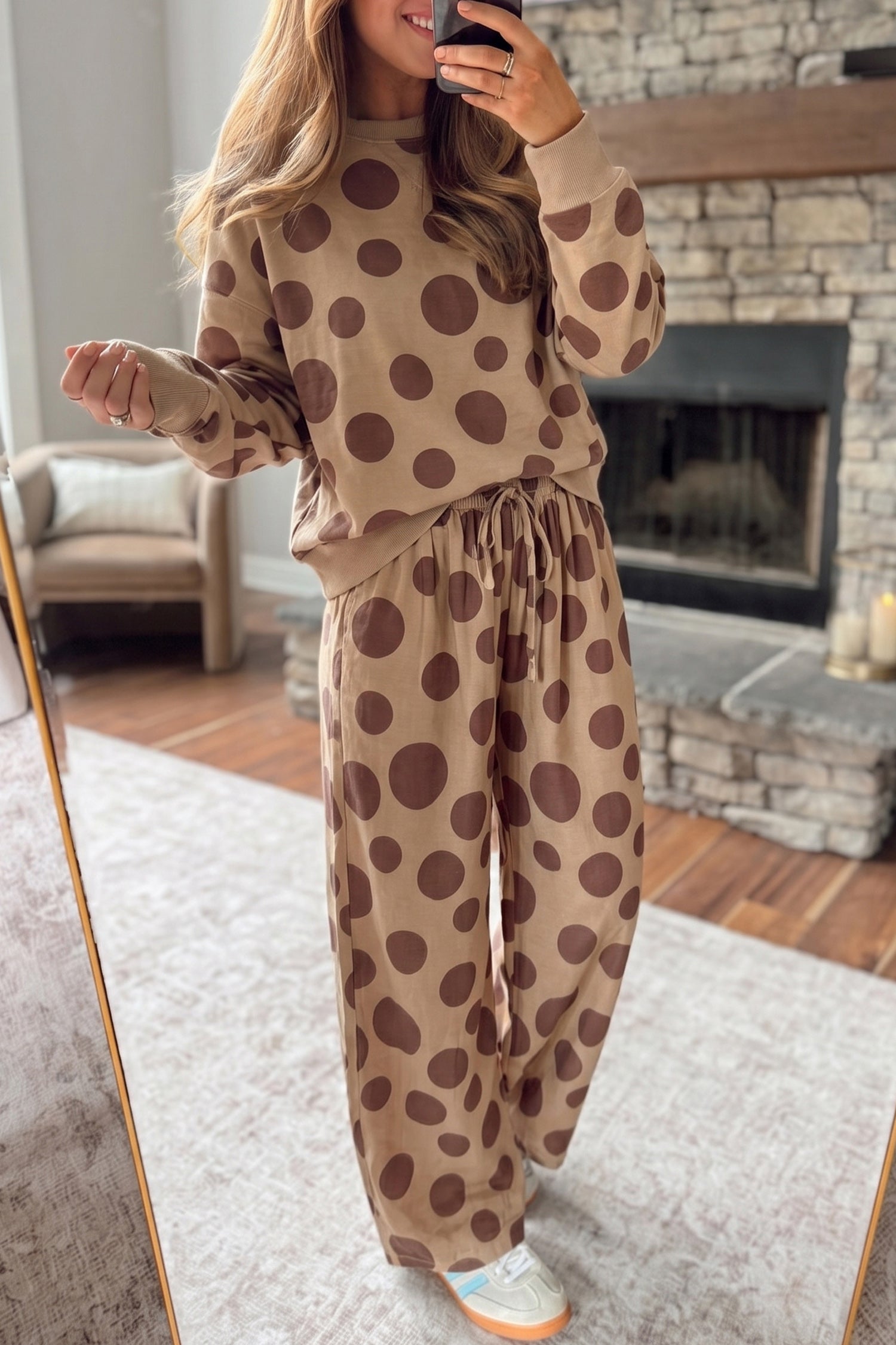 Khaki Polka Dot Long Sleeve Top Drawstring Relaxed Pants Set-Two Piece Sets/Pant Sets-[Adult]-[Female]-Khaki-S-2022 Online Blue Zone Planet