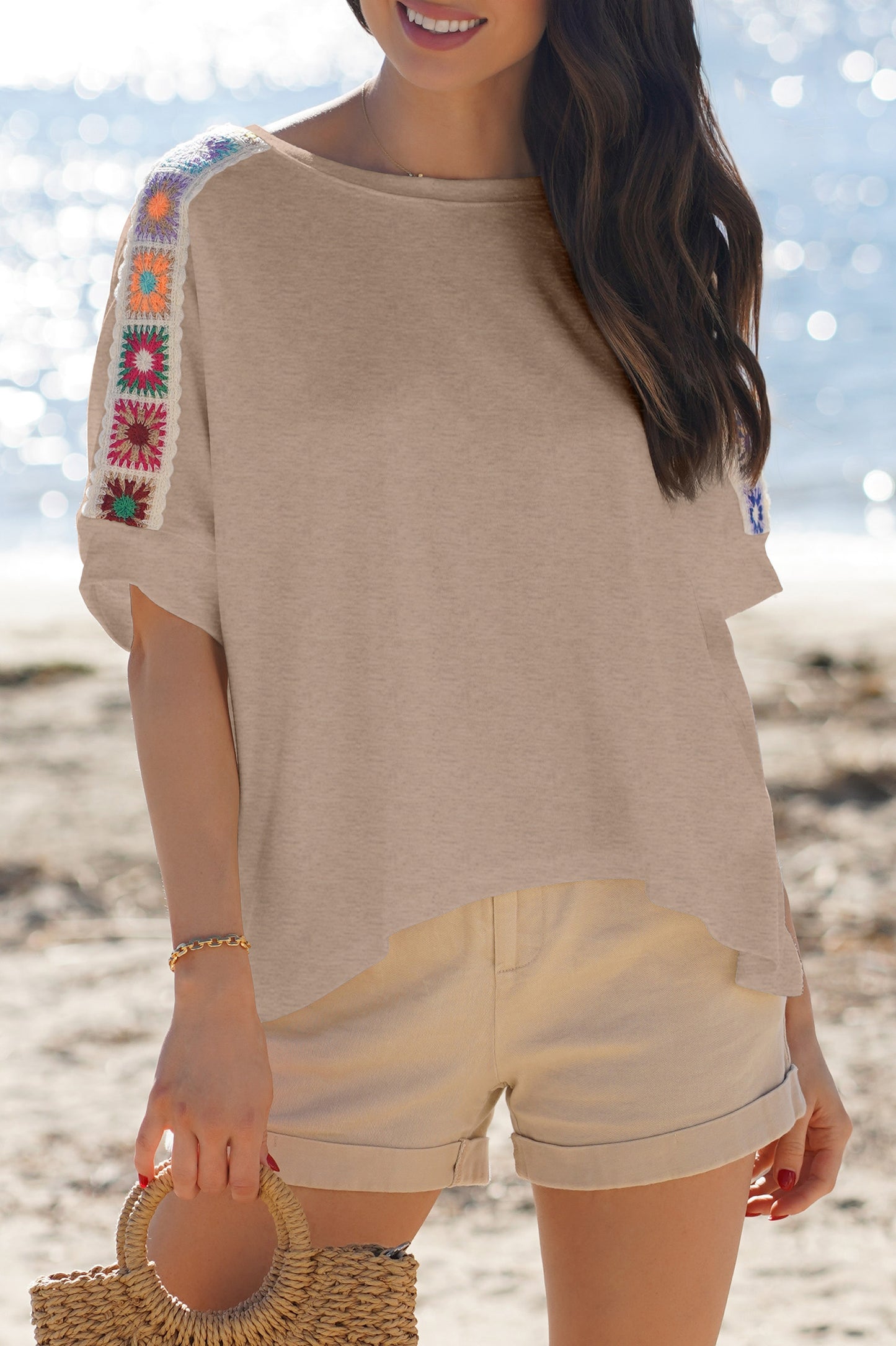 Parchment Granny Square Crochet Detail Loose T Shirt-Tops/Tops & Tees-[Adult]-[Female]-Parchment-S-2022 Online Blue Zone Planet