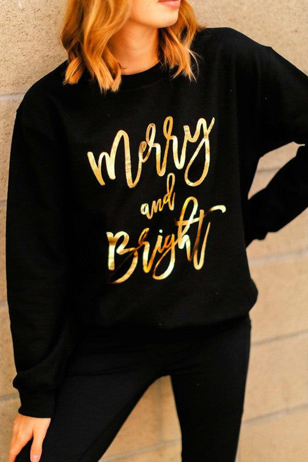 Black Merry & Bright Letter Print Pullover Sweatshirt-Graphic/Graphic Sweatshirts-[Adult]-[Female]-2022 Online Blue Zone Planet