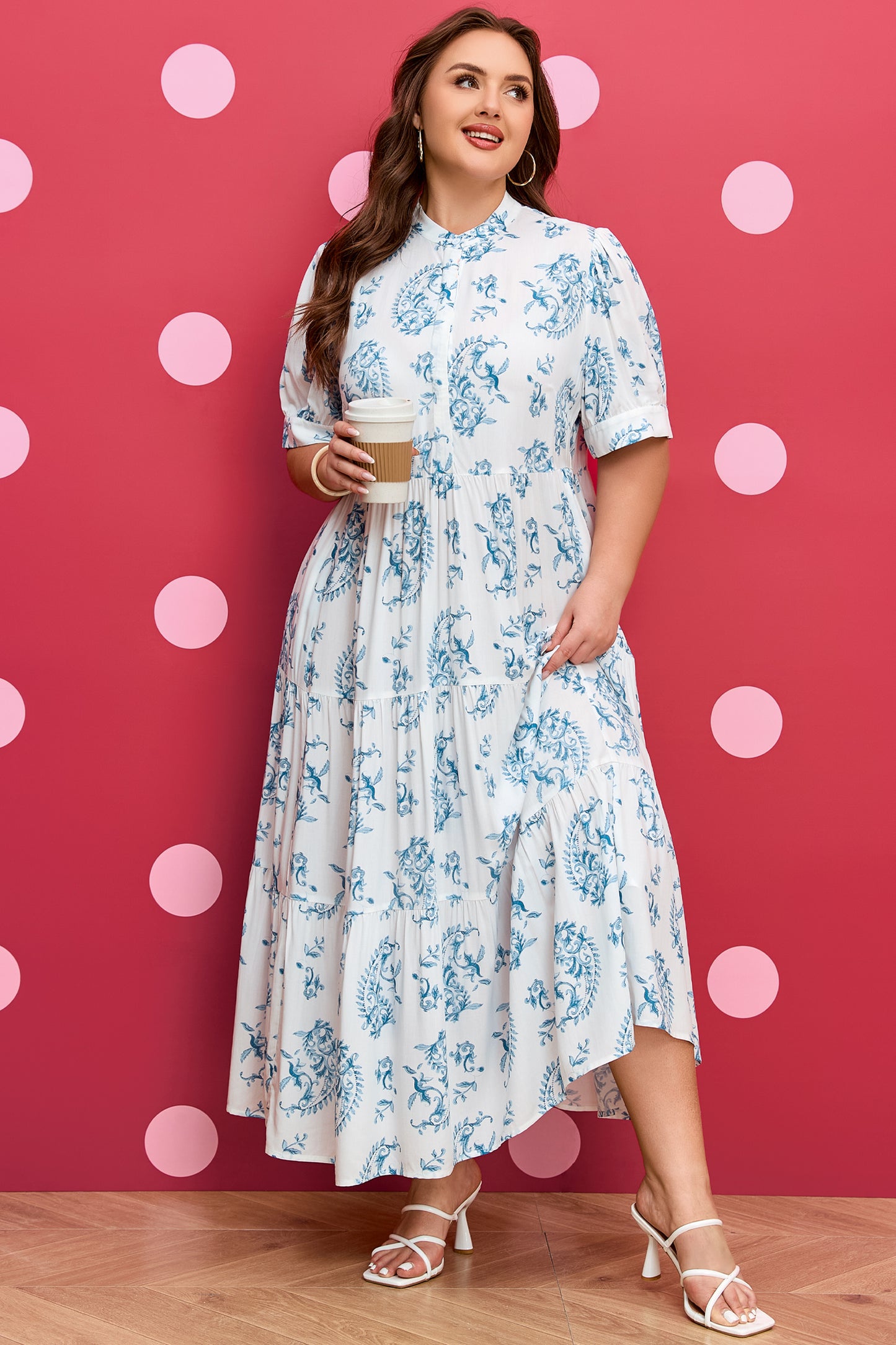 Sky Blue Plus Size Geometric Floral Print Button Split Neck Short Sleeve Maxi Dress-TOPS / DRESSES-[Adult]-[Female]-2022 Online Blue Zone Planet