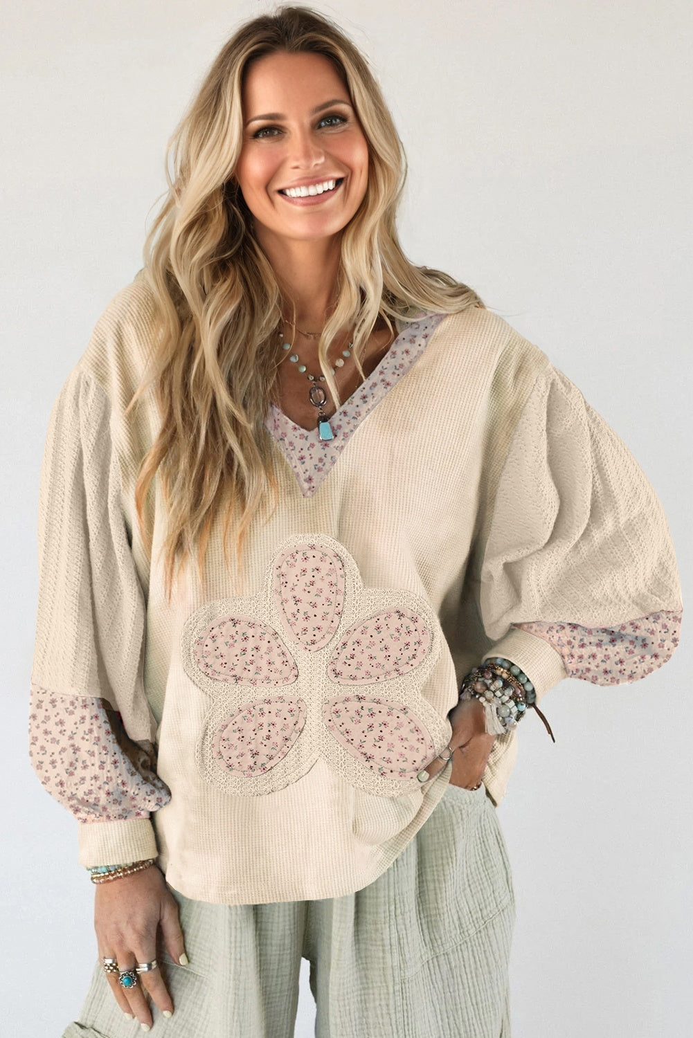Pink Floral Patched Waffle Textured Colorblock V Neck Casual Hooded Top-Tops / Dresses-[Adult]-[Female]-2022 Online Blue Zone Planet