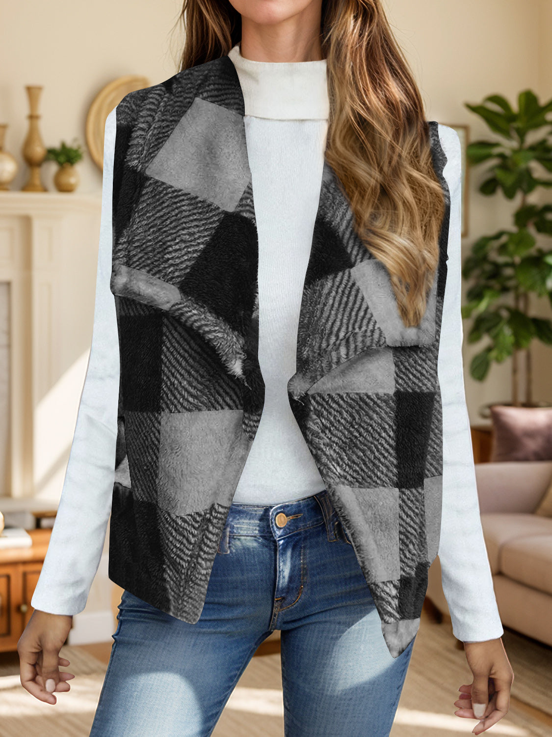 Plaid Open Front Vest Coat-TOPS / DRESSES-[Adult]-[Female]-Dark Gray-S-2022 Online Blue Zone Planet