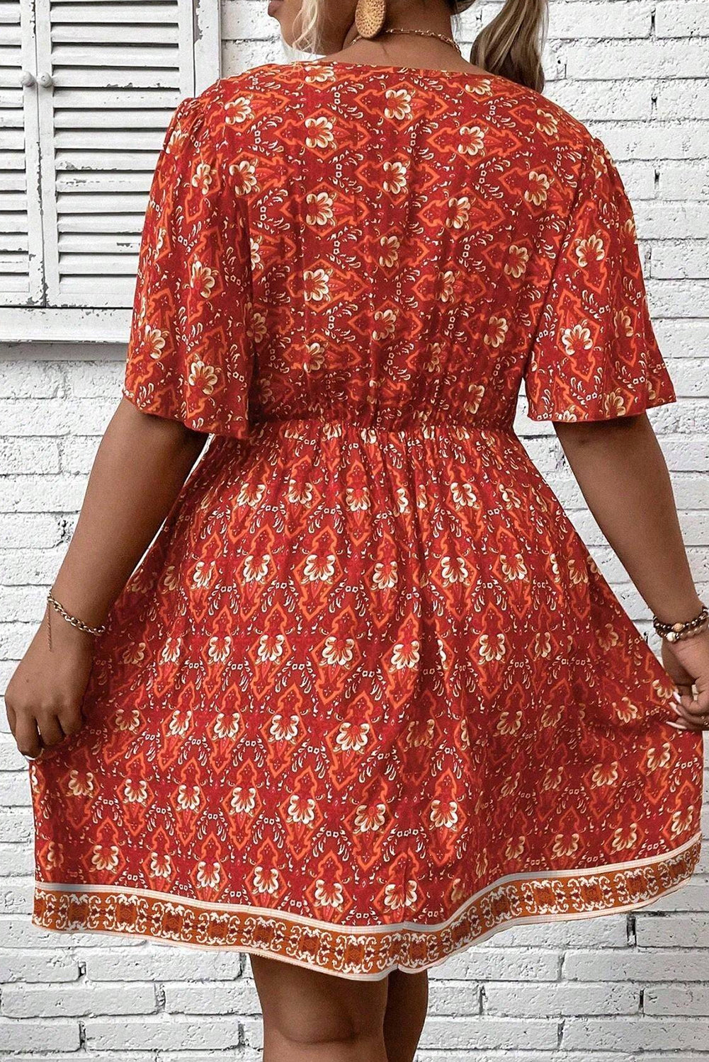Orange Plus Size Printed Surplice Neck Empire Waist Flowy Mini Dress-Plus Size/Plus Size Dresses/Plus Size Mini Dresses-[Adult]-[Female]-2022 Online Blue Zone Planet