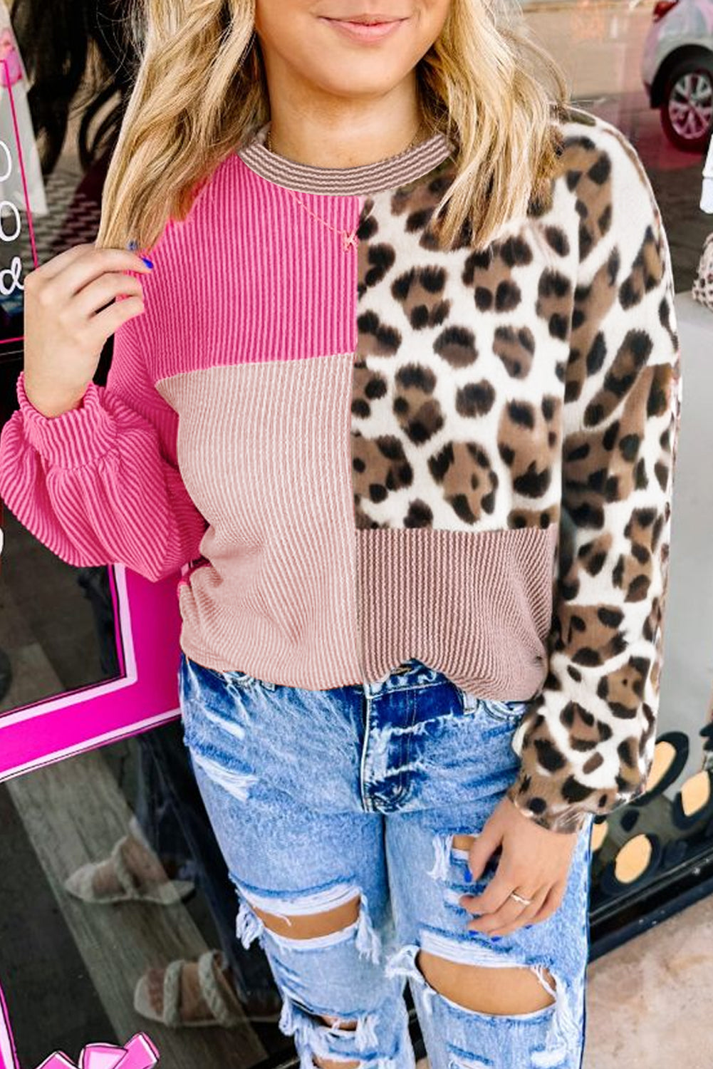 Rose Red Plus Size Twisted Ribbed Color Block Leopard Patchwork Long Sleeve Top-Plus Size/Plus Size Tops-[Adult]-[Female]-2022 Online Blue Zone Planet