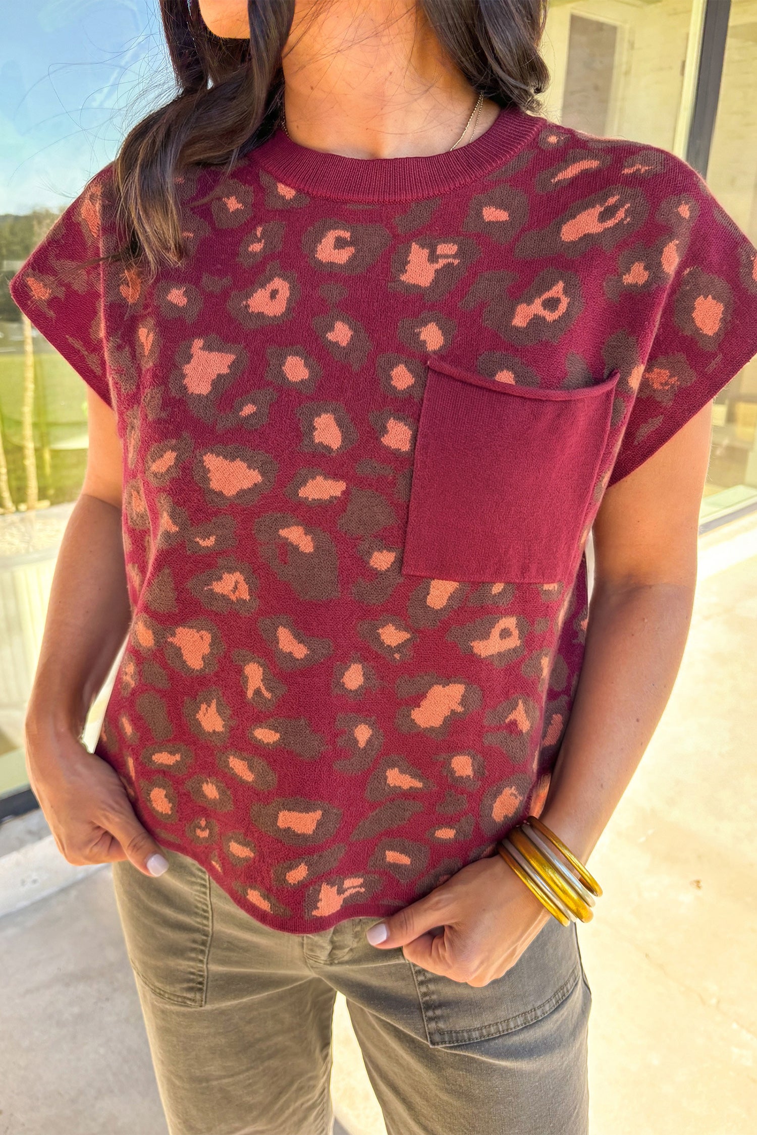 Red Leopard Print Cap Sleeve Knitted Top-TOPS / DRESSES-[Adult]-[Female]-Red-S-2022 Online Blue Zone Planet