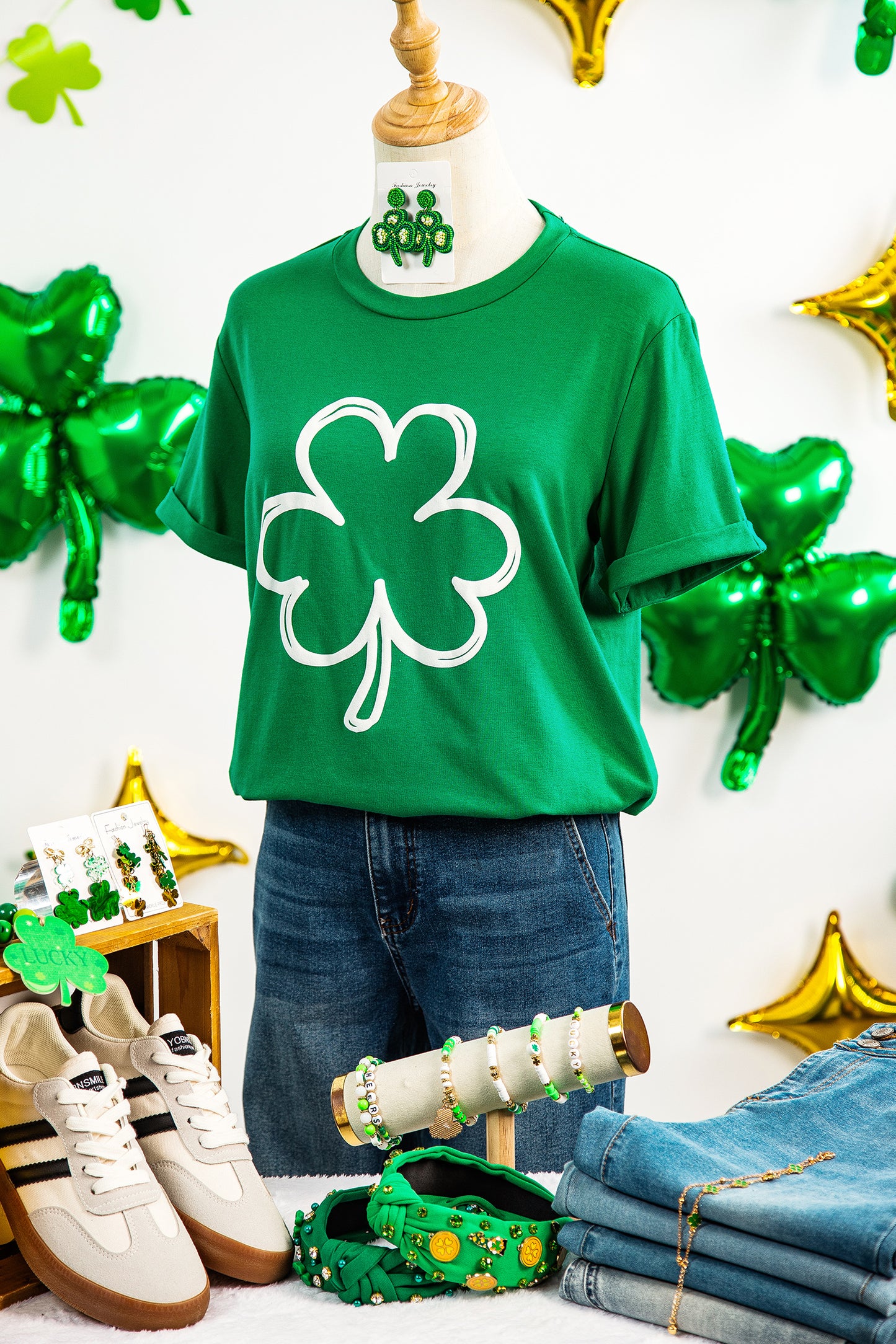 Bright Green St Patricks Day Lucky Shamrock Printed Casual Tee-Graphic/Graphic Tees-[Adult]-[Female]-2022 Online Blue Zone Planet