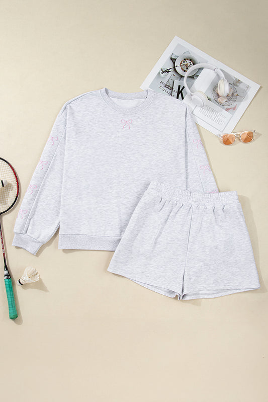 Light Grey Girly Bow Embroidered Puff Sleeve Pullover Loose Shorts Plus 2pcs Outfit-Plus Size/Plus Size Loungewear-[Adult]-[Female]-2022 Online Blue Zone Planet
