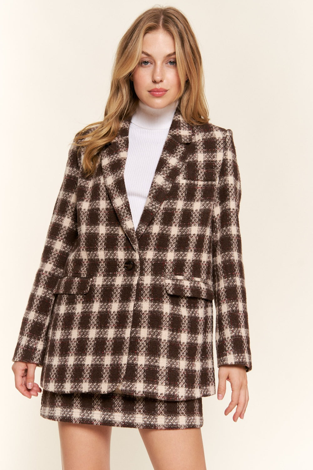 And The Why Full Size Plaid Brushed One Button Blazer-TOPS / DRESSES-[Adult]-[Female]-2022 Online Blue Zone Planet