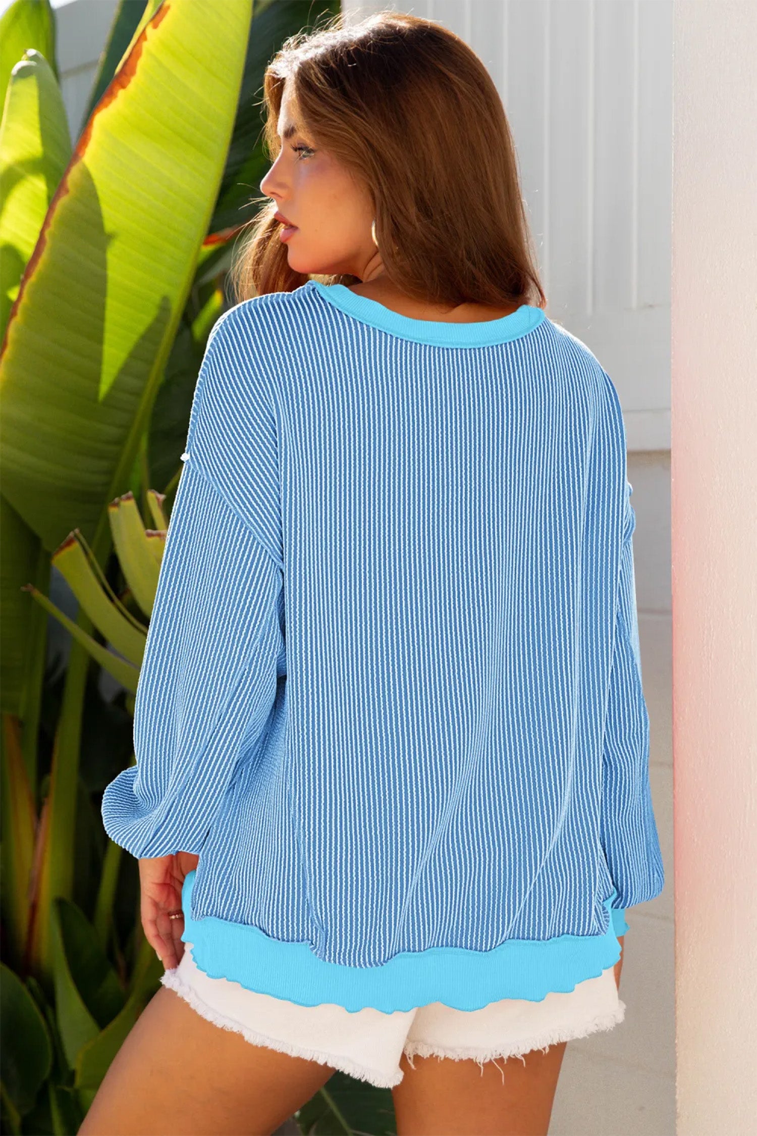 Myosotis Sequin Easter Eggs Twisted Rib Exposed Seam Color Block Top-Graphic/Graphic Long Sleeve Tees-[Adult]-[Female]-2022 Online Blue Zone Planet