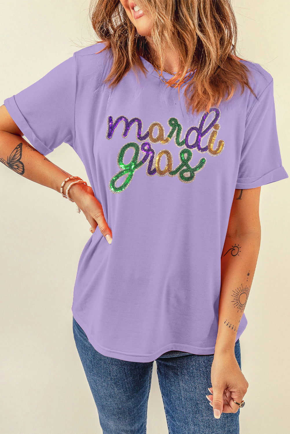 White Sequin mardi gras Letter Print Crewneck Tee-Graphic Tees-[Adult]-[Female]-2022 Online Blue Zone Planet