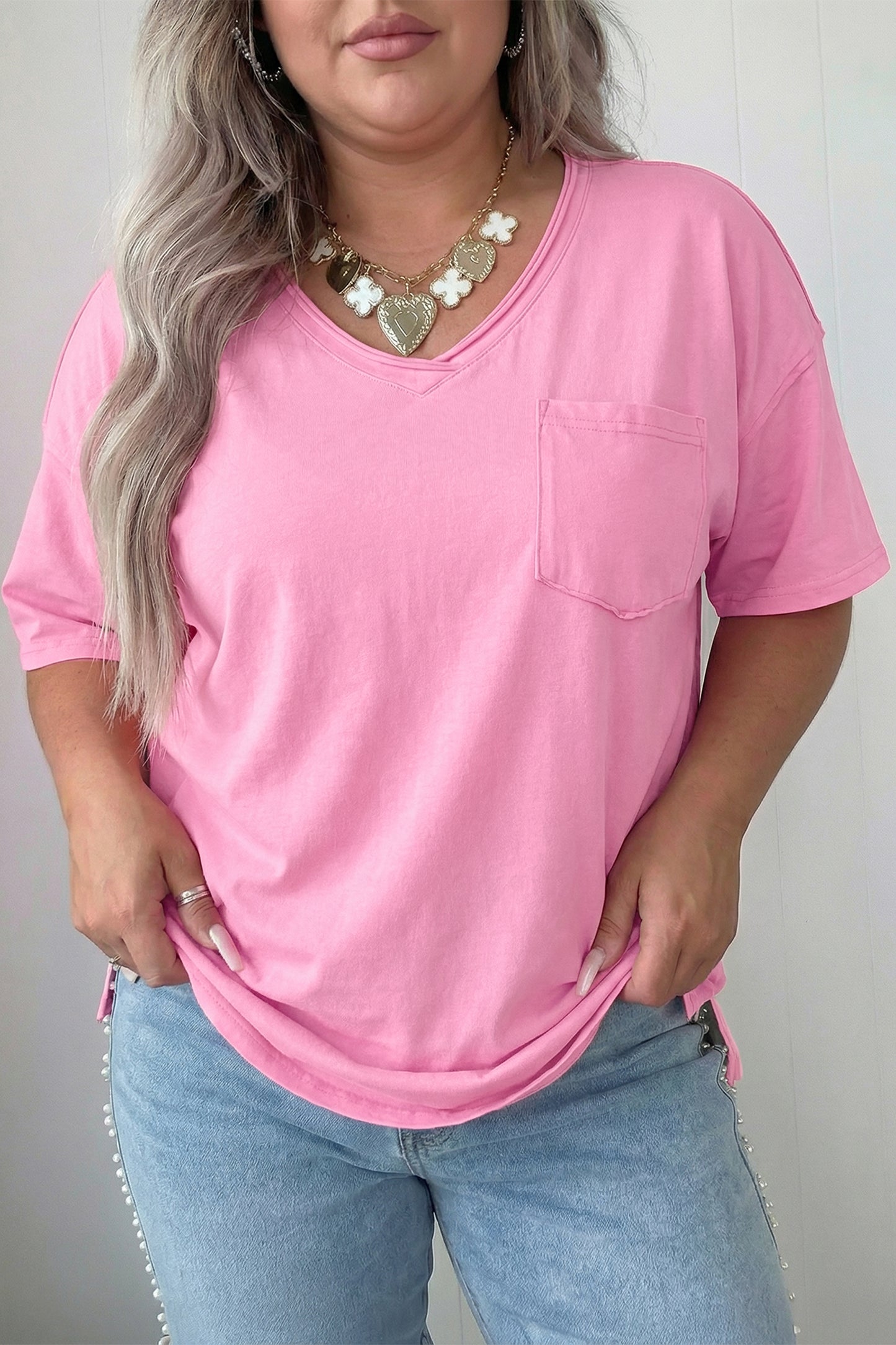 Sachet Pink Plus Size Mineral Wash Raw Edge Round Neck Tee-Plus Size/Plus Size Tops/Plus Size Tops & Tees-[Adult]-[Female]-2022 Online Blue Zone Planet