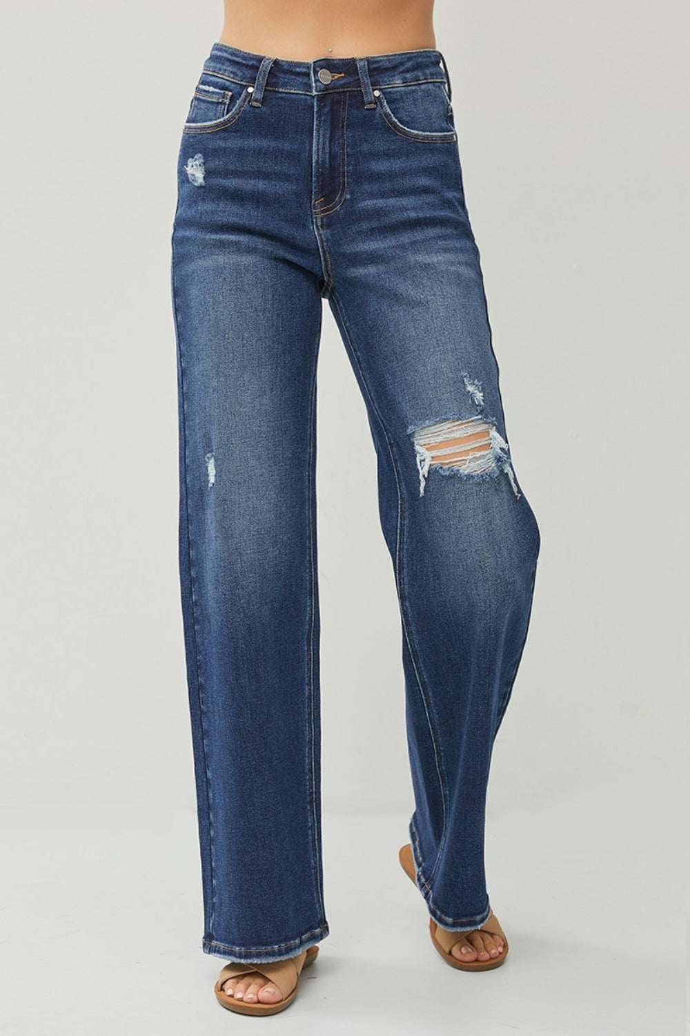 RISEN Full Size High Rise Distressed Wide Leg Jeans-BOTTOMS SIZES SMALL MEDIUM LARGE-[Adult]-[Female]-2022 Online Blue Zone Planet