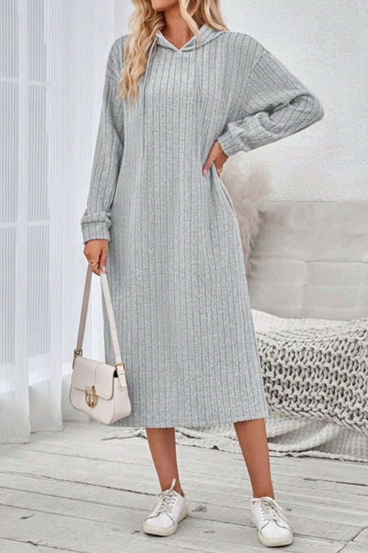 Blue Zone Planet | Side Slit Drawstring Long Sleeve Hooded Dress-TOPS / DRESSES-[Adult]-[Female]-Light Gray-S-2022 Online Blue Zone Planet