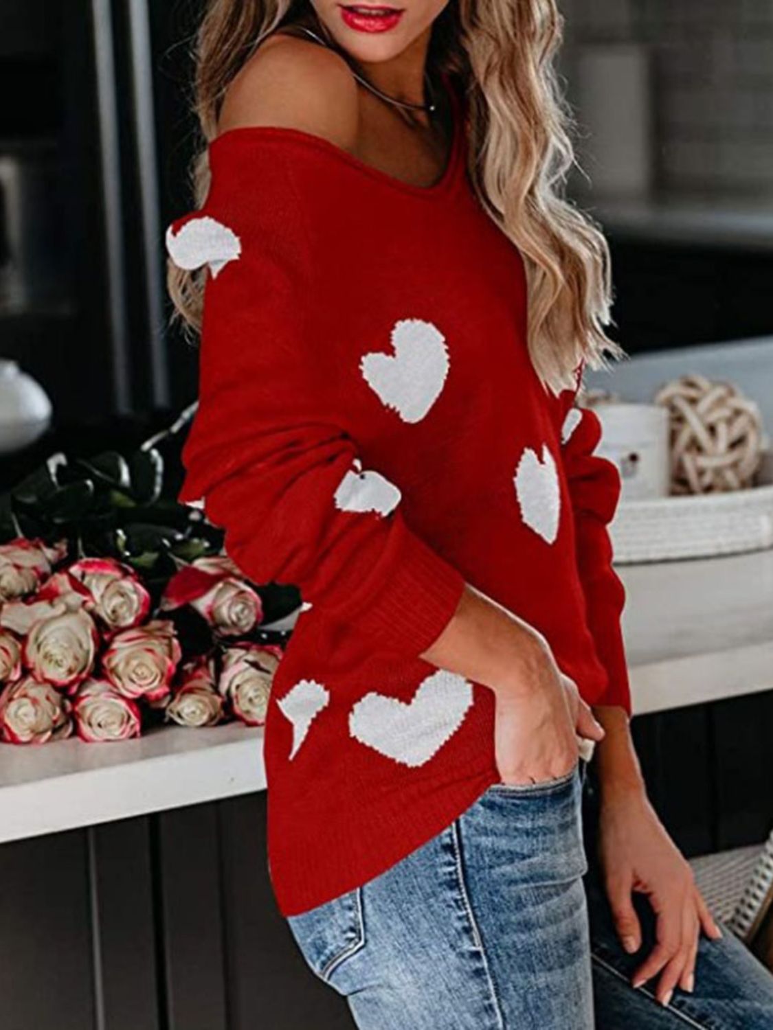 Heart Scoop Neck Long Sleeve Sweater-TOPS / DRESSES-[Adult]-[Female]-2022 Online Blue Zone Planet