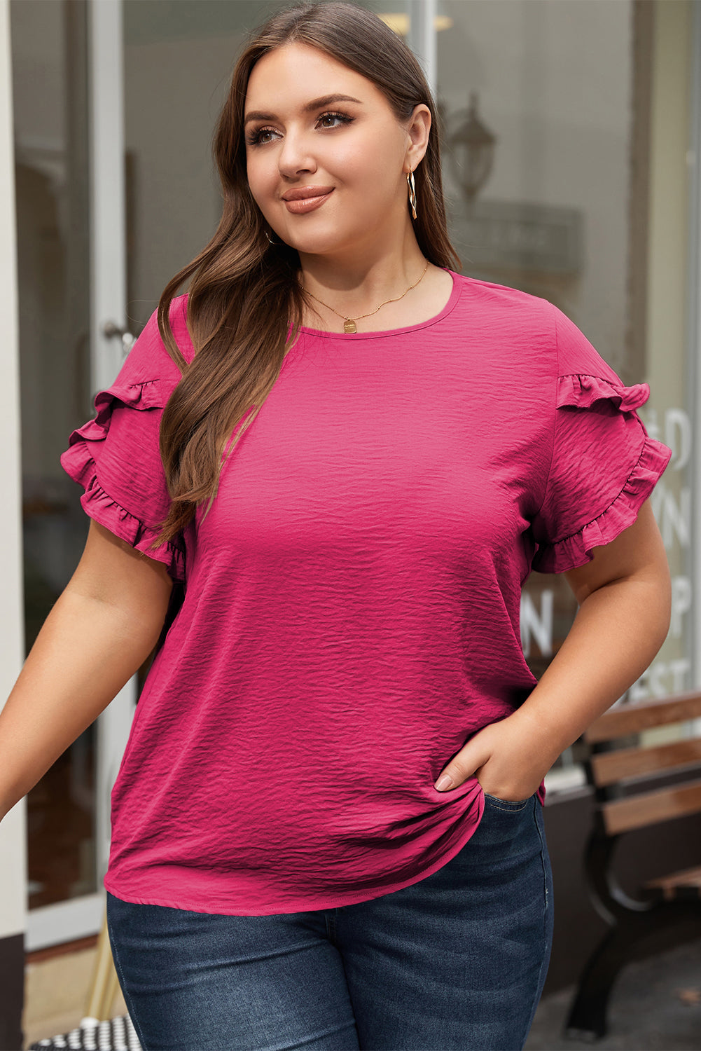 Blue Zone Planet | Bright Pink Ruffled Short Sleeve Plus Size Top-TOPS / DRESSES-[Adult]-[Female]-2022 Online Blue Zone Planet