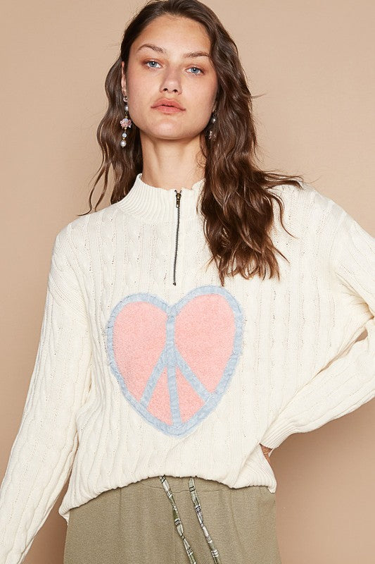 POL Cable-Knit Peace Patch Dropped Shoulder Sweater-[Adult]-[Female]-2022 Online Blue Zone Planet