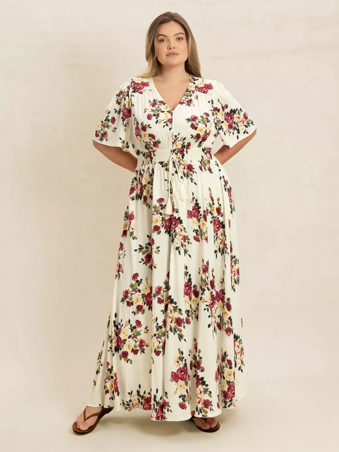 plus size wrap maxi dress Plus Size Floral Flutter Sleeve Maxi Dress with Button Front Pastel Yellow / 0XL